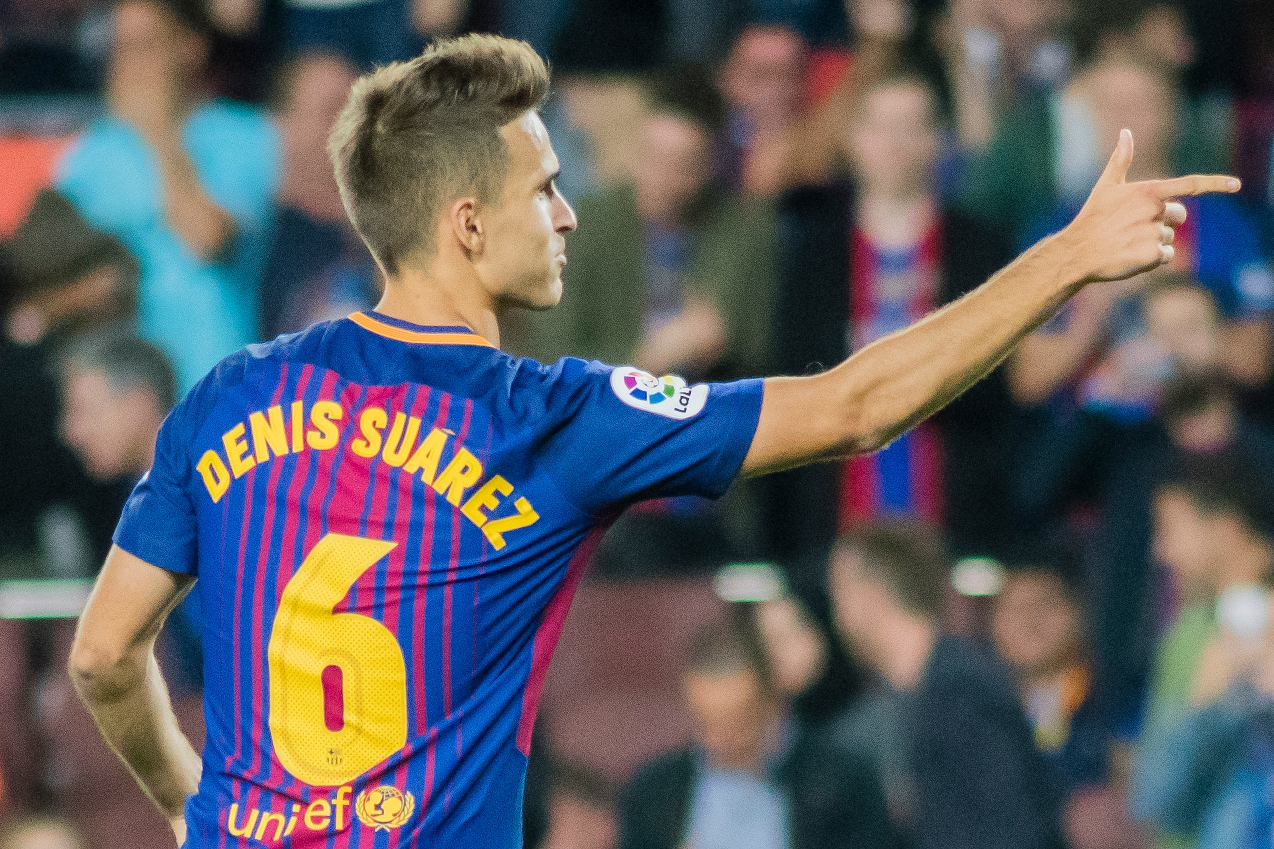BARCELONA, SPAIN - SEPTEMBER 19: Denis Suarez Fernandez of FC Barcelona celebrates after scoring his goal during the La Liga 2017-18 match between FC Barcelona and SD Eibar at Camp Nou on 19 September 2017 in Barcelona, Spain. (Photo by Power Sport Images