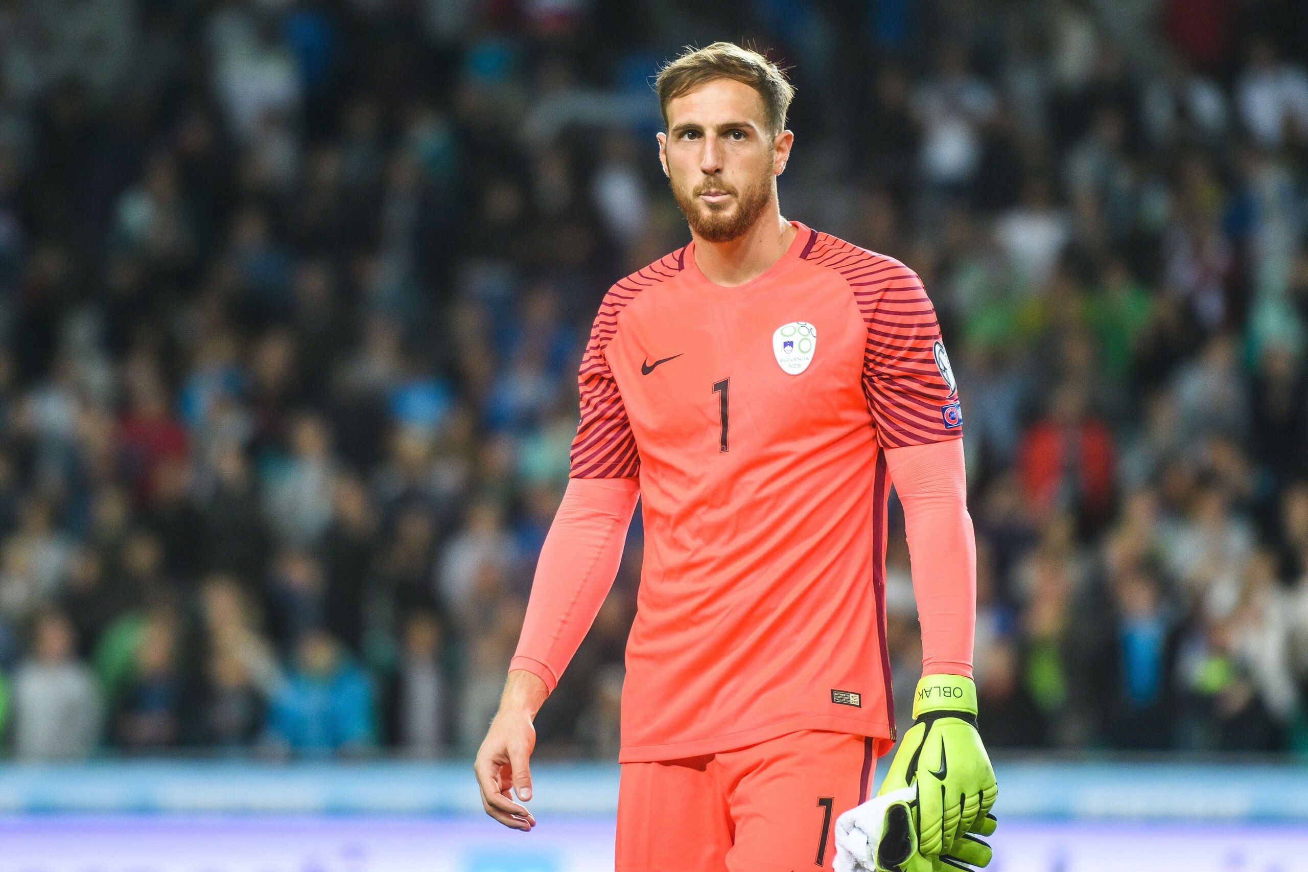 Slovenia's goalkeeper Jan Oblak looks on after his team won the FIFA World Cup 2018 qualification football match between Slovenia and Lithuania at Stadium Stozice in Ljubljana, Slovenia on September 4, 2017.  / AFP PHOTO / Jure Makovec        (Photo credi