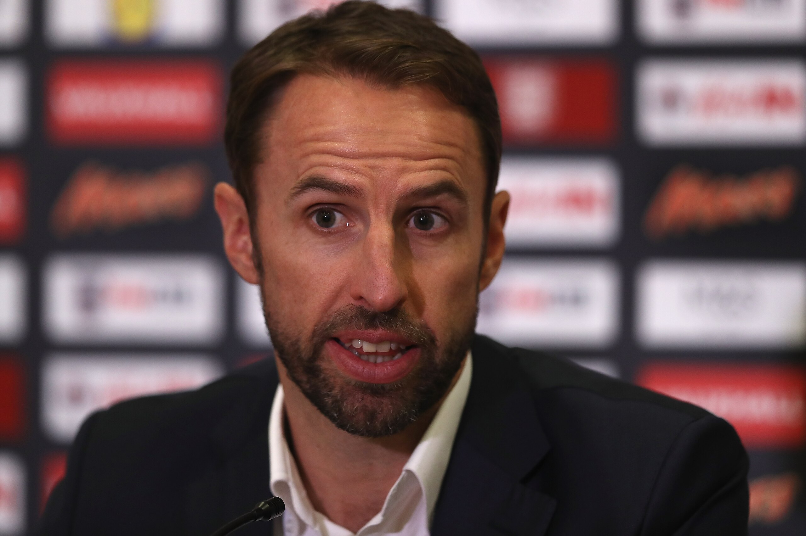 BURTON-UPON-TRENT, ENGLAND - SEPTEMBER 28:  Gareth Southgate, England manager talks to media during an England Squad Announcement at St Georges Park on September 28, 2017 in Burton-upon-Trent, England.  (Photo by Matthew Lewis/Getty Images)