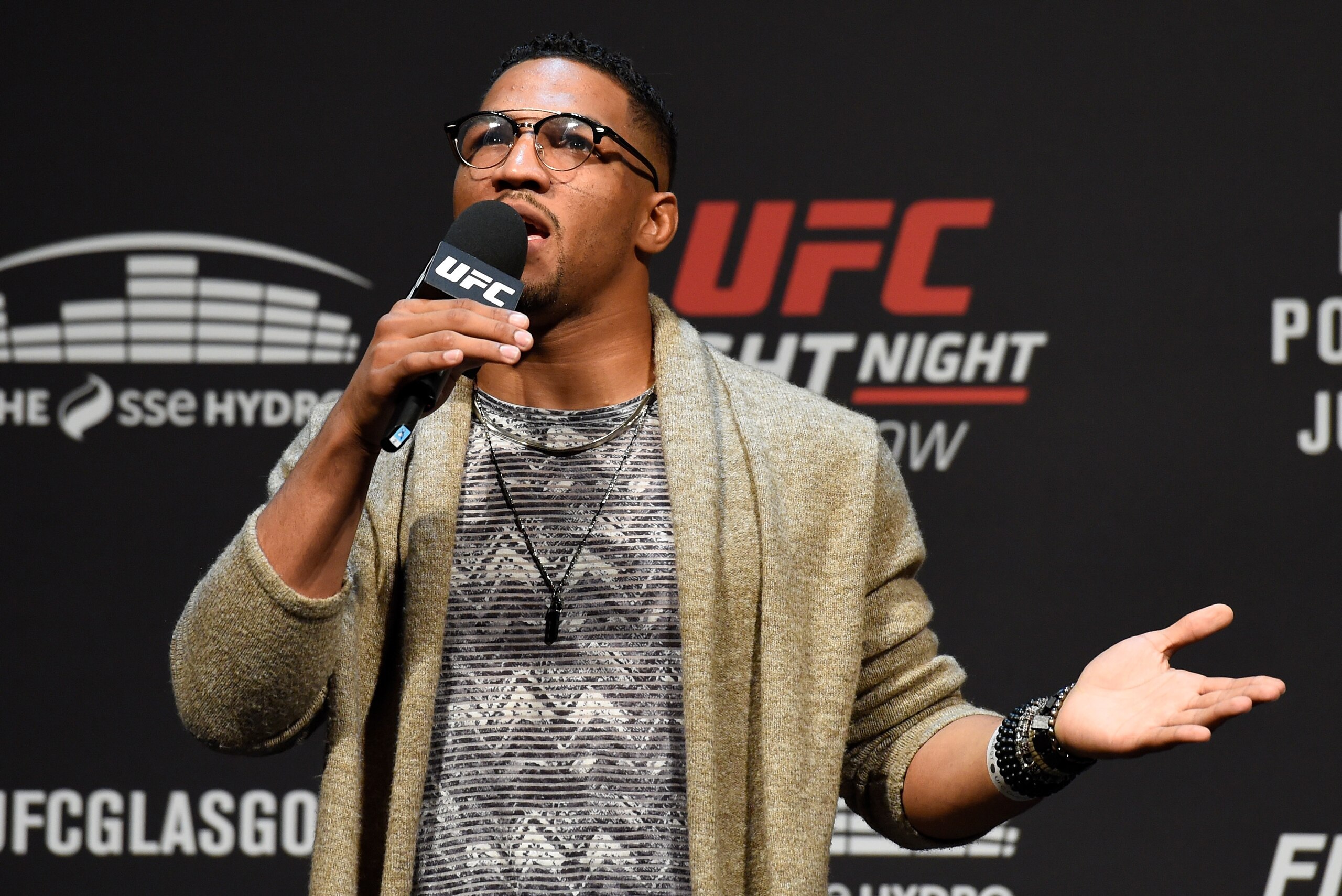 GLASGOW, SCOTLAND - JULY 15:   Kevin Lee interacts with fans during a Q&A session before the UFC Fight Night weigh-in at the SSE Hydro Arena Glasgow on July 15, 2017 in Glasgow, Scotland. (Photo by Josh Hedges/Zuffa LLC/Zuffa LLC via Getty Images)