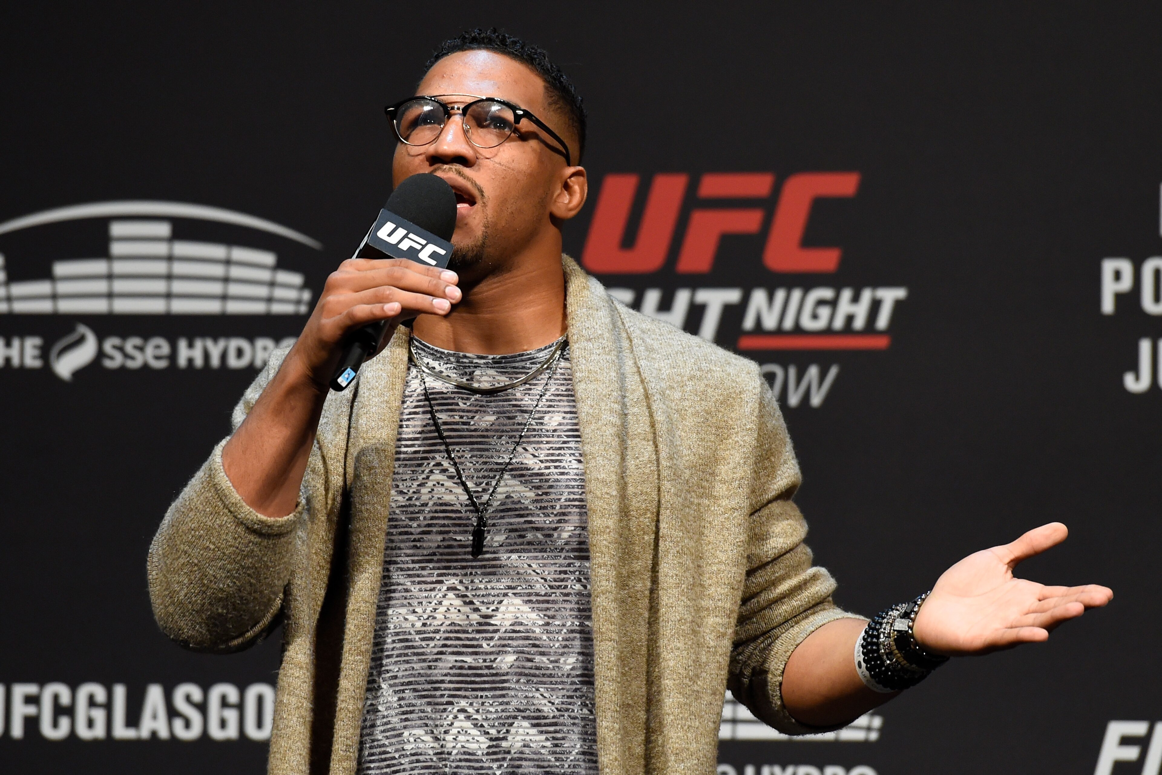 GLASGOW, SCOTLAND - JULY 15: Kevin Lee interacts with fans during a Q&A session before the UFC Fight Night weigh-in at the SSE Hydro Arena Glasgow on July 15, 2017 in Glasgow, Scotland. (Photo by Josh Hedges/Zuffa LLC/Zuffa LLC via Getty Images) GLASGOW, SCOTLAND - JULY 15: Kevin Lee interacts with fans during a Q&A session before the UFC Fight Night weigh-in at the SSE Hydro Arena Glasgow on July 15, 2017 in Glasgow, Scotland. (Photo by Josh Hedges/Zuffa LLC/Zuffa LLC via Getty Images)