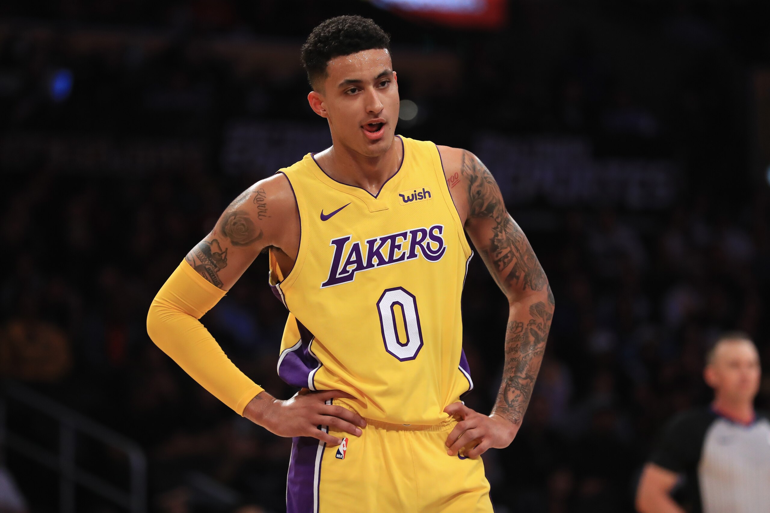 LOS ANGELES, CA - OCTOBER 02:  Kyle Kuzma #0 of the Los Angeles Lakers looks on during the first half of a preseason game against the Denver Nuggets  at Staples Center on October 2, 2017 in Los Angeles, California.  NOTE TO USER: User expressly acknowledg