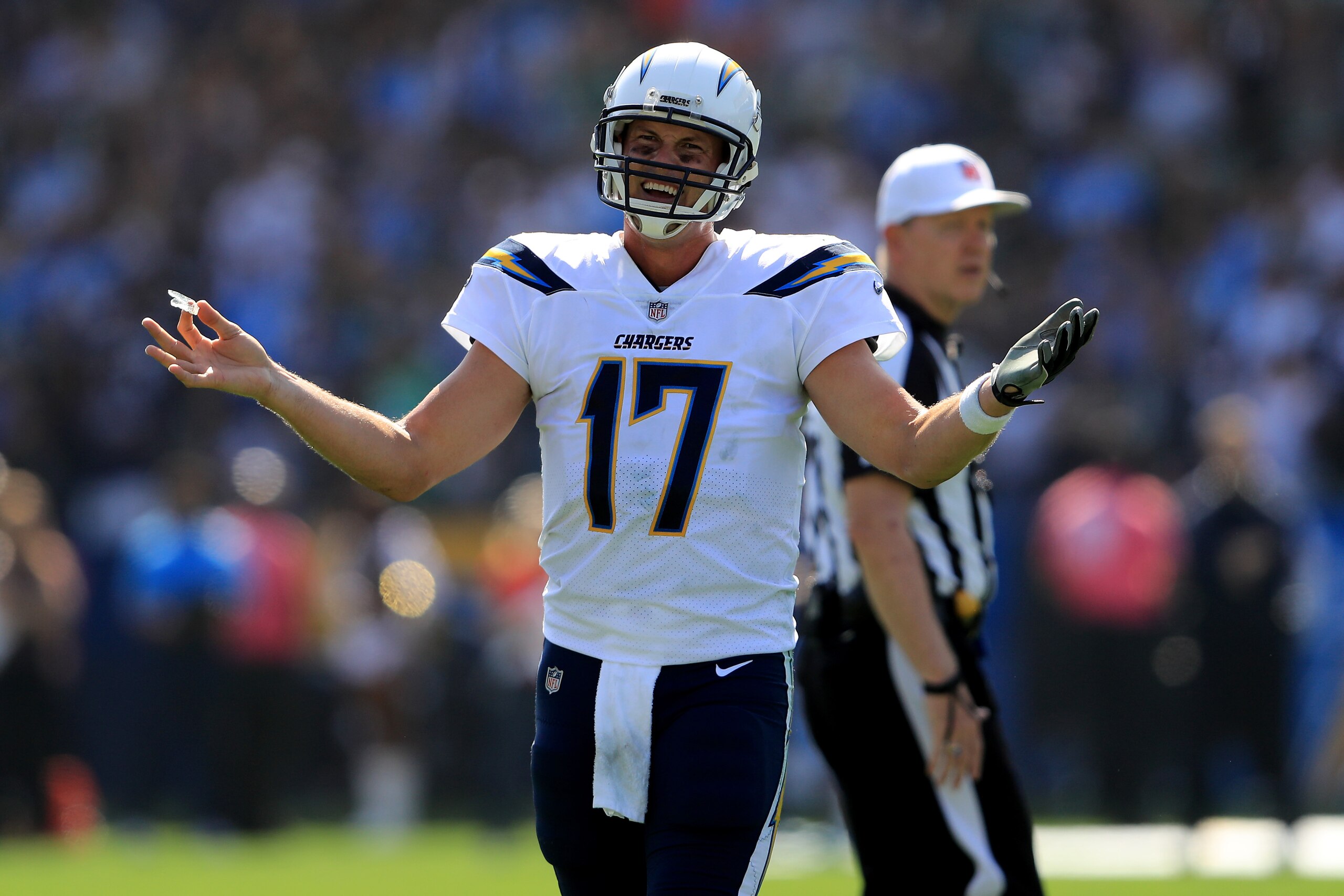 CARSON, CA - OCTOBER 01:  Philip Rivers #17 of the Los Angeles Chargers gestures to officials during the first half of a game against the Philadelphia Eagles  at StubHub Center on October 1, 2017 in Carson, California.  (Photo by Sean M. Haffey/Getty Imag