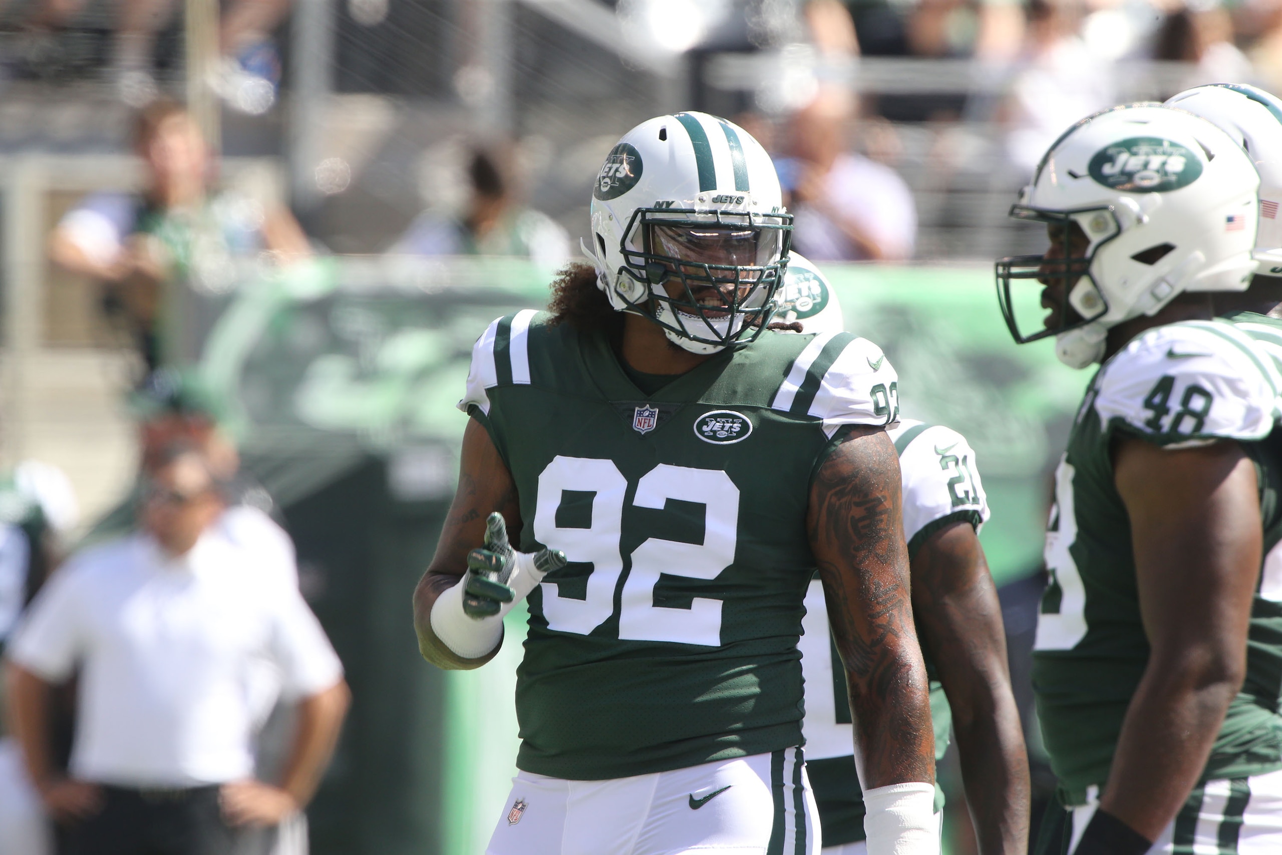 EAST RUTHERFORD, NJ - SEPTEMBER 24: Defensive Lineman Leonard Williams #92 of the New York Jets in action against the Miami Dolphins on September 24, 2017 at MetLife Stadium in East Rutherford, New Jersey. The Jets defeated the Dolphins 20-6. (Photo by Al