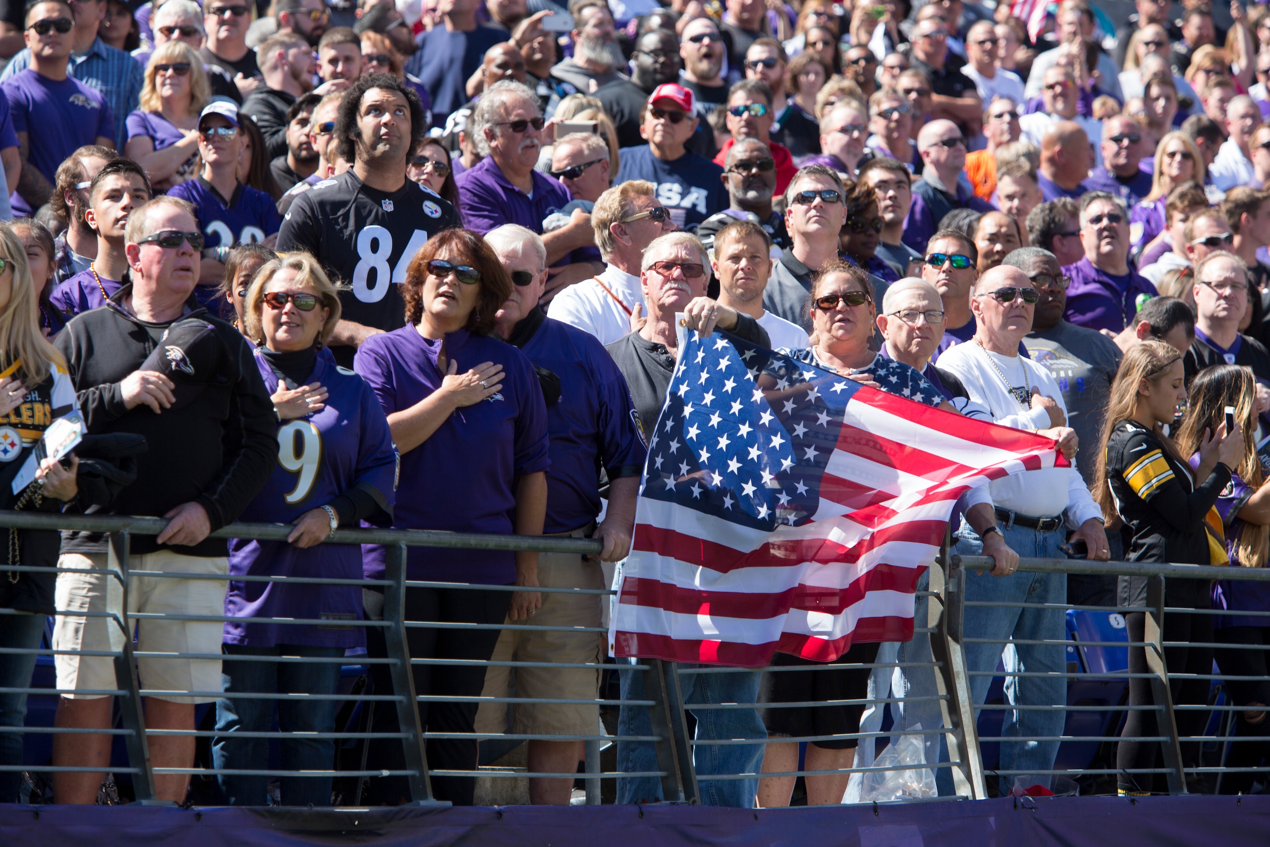 BALTIMORE, MD - OCTOBER 01:  Fans stand during the national anthem before the Baltimore Ravens take on the Pittsburgh Steelers at M&T Bank Stadium on October 1, 2017 in Baltimore, Maryland. (Photo by Tasos Katopodis/Getty Images)