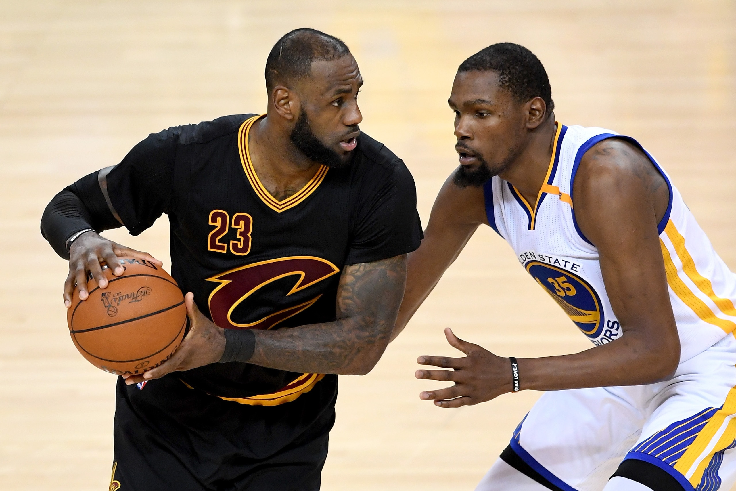OAKLAND, CA - JUNE 12:  LeBron James #23 of the Cleveland Cavaliers drives against Kevin Durant #35 of the Golden State Warriors in Game 5 of the 2017 NBA Finals at ORACLE Arena on June 12, 2017 in Oakland, California. NOTE TO USER: User expressly acknowl