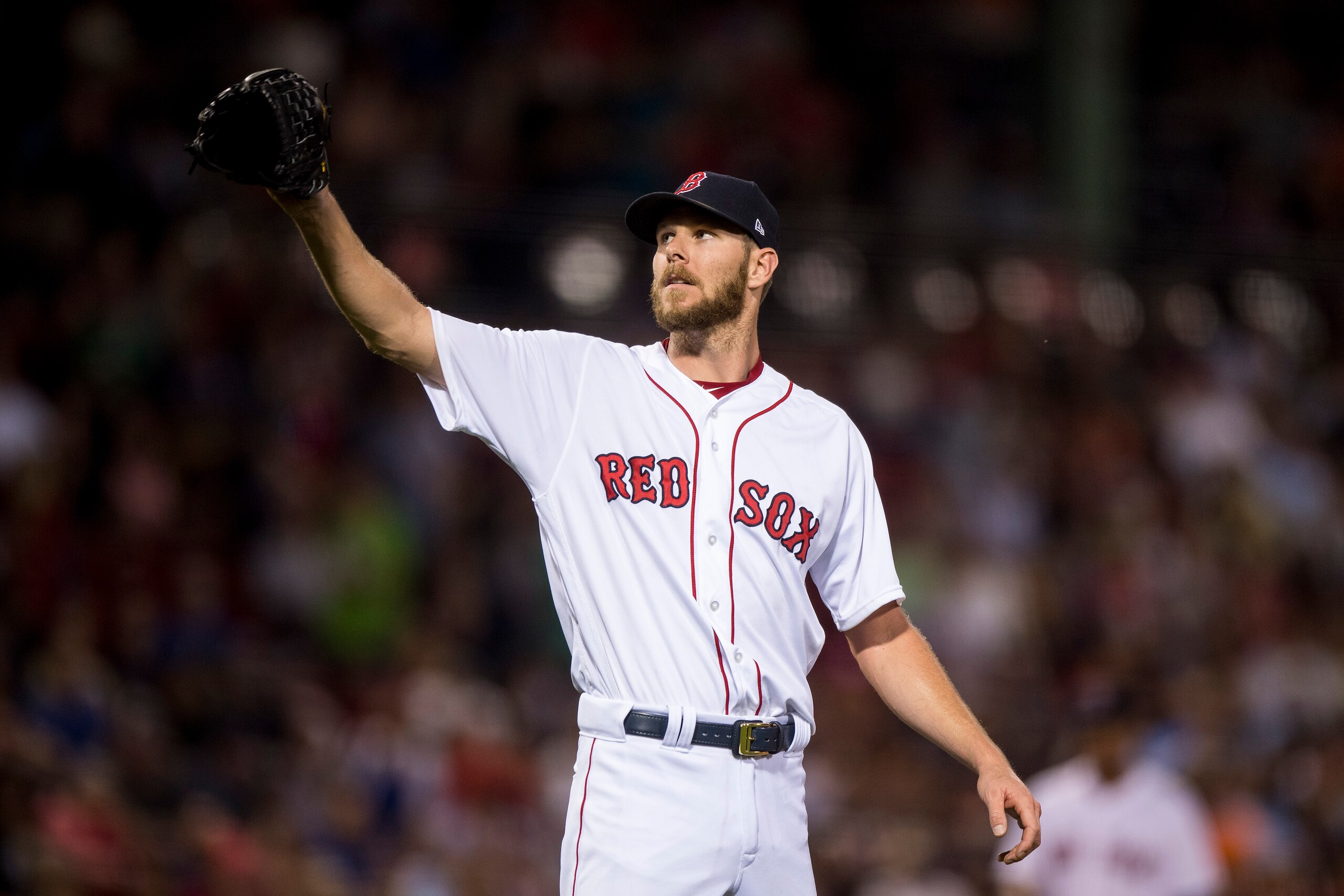 BOSTON, MA - SEPTEMBER 26: Chris Sale #41 of the Boston Red Sox reacts during the first inning of a game against the Toronto Blue Jays on September 26, 2017 at Fenway Park in Boston, Massachusetts. (Photo by Billie Weiss/Boston Red Sox/Getty Images)