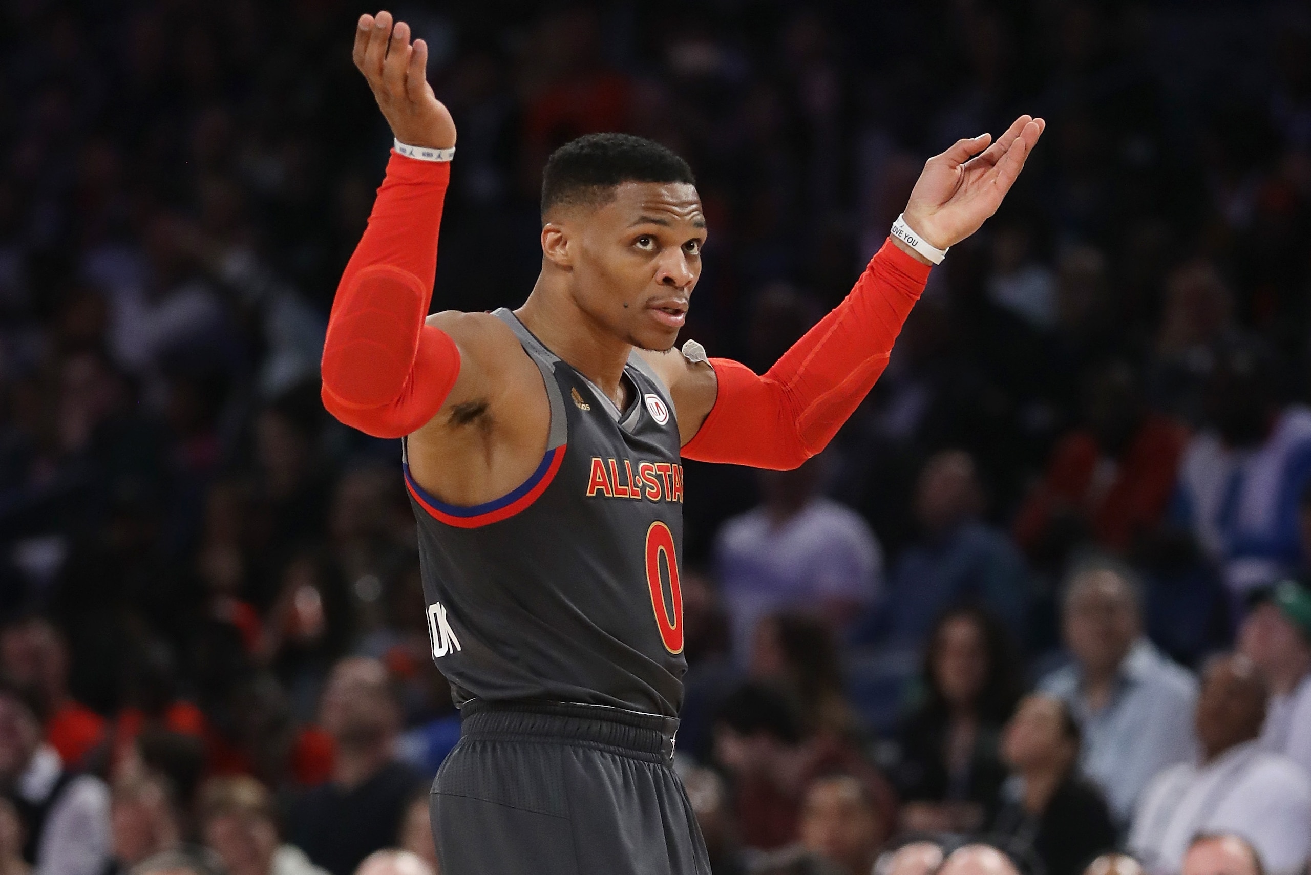 NEW ORLEANS, LA - FEBRUARY 19:  Russell Westbrook #0 of the Oklahoma City Thunder reacts during the 2017 NBA All-Star Game at Smoothie King Center on February 19, 2017 in New Orleans, Louisiana. NOTE TO USER: User expressly acknowledges and agrees that, b