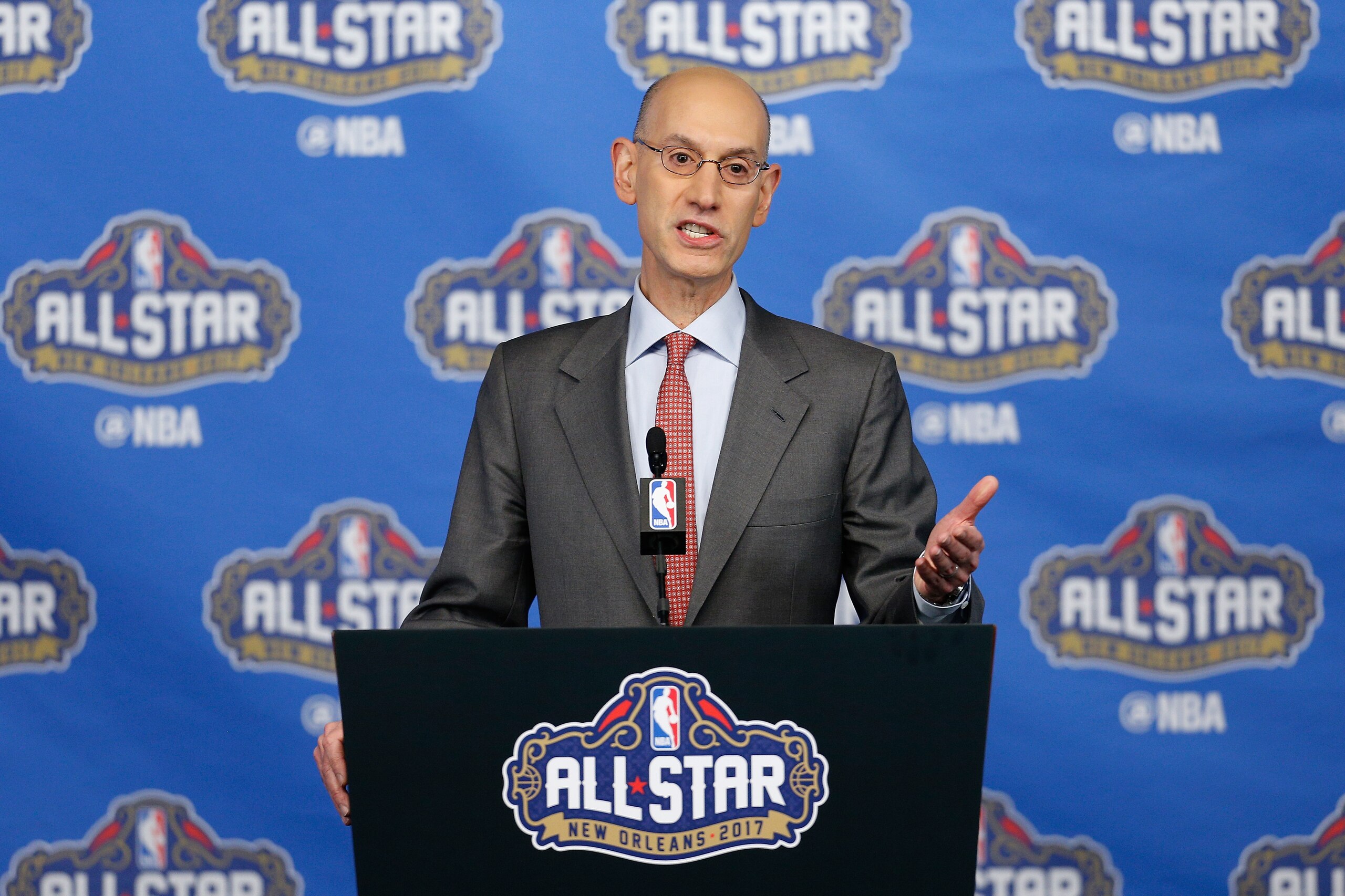 NEW ORLEANS, LA - FEBRUARY 18:  NBA Commissioner Adam Silver speaks with the media during a press conference at Smoothie King Center on February 18, 2017 in New Orleans, Louisiana. NOTE TO USER: User expressly acknowledges and agrees that, by downloading 