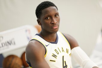 INDIANAPOLIS - SEPTEMBER 25:  Victor Oladipo #4 of the Indiana Pacers poses for a portrait during the Pacers Media Day at Bankers Life Fieldhouse on September 25, 2017 in Indianapolis, Indiana.  NOTE TO USER: User expressly acknowledges and agrees that, b
