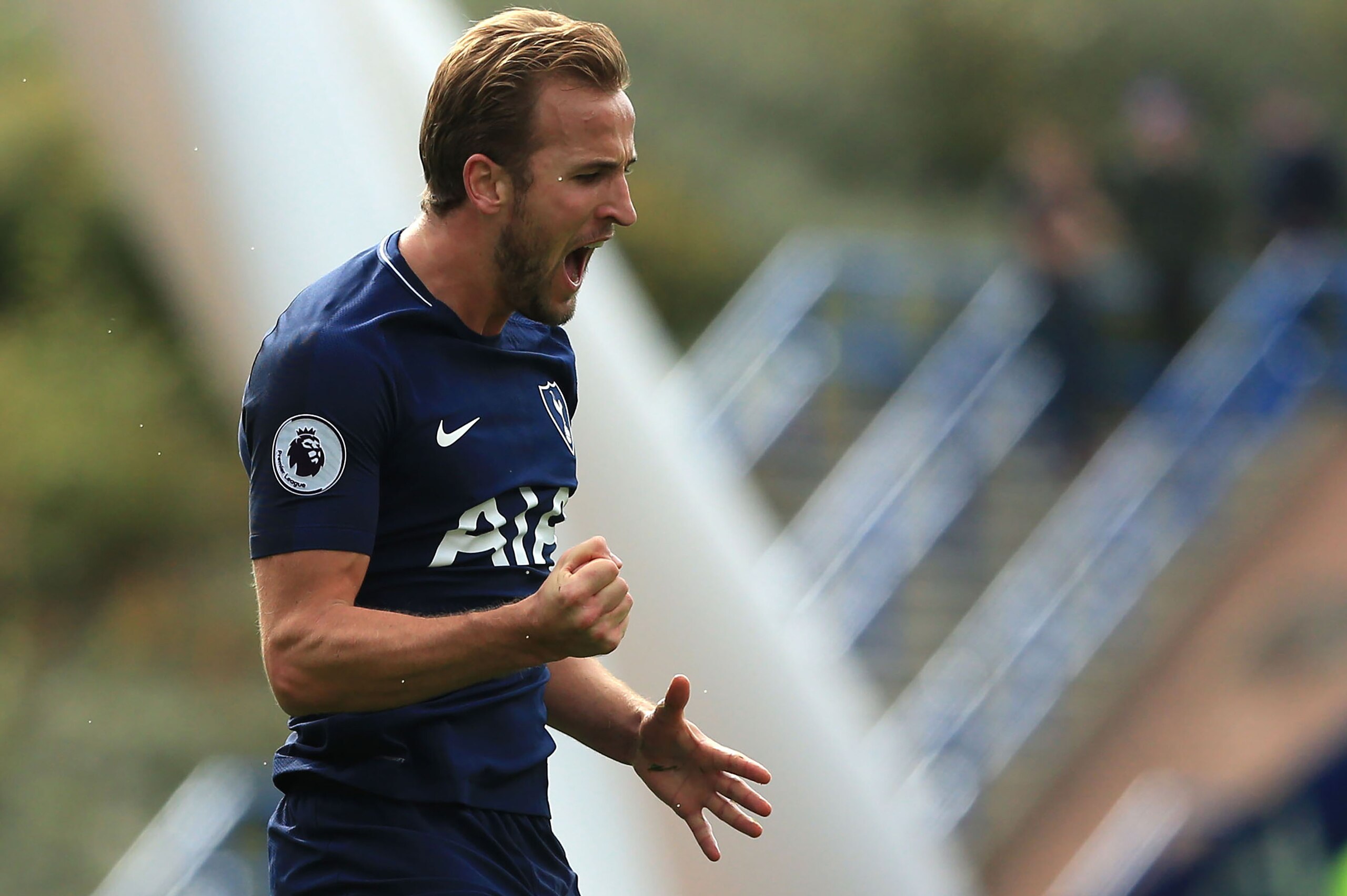 Tottenham Hotspur's English striker Harry Kane celebrates after scoring their third goal, his second, during the English Premier League football match between Huddersfield Town and Tottenham Hotspur at the John Smith's stadium in Huddersfield, northern En