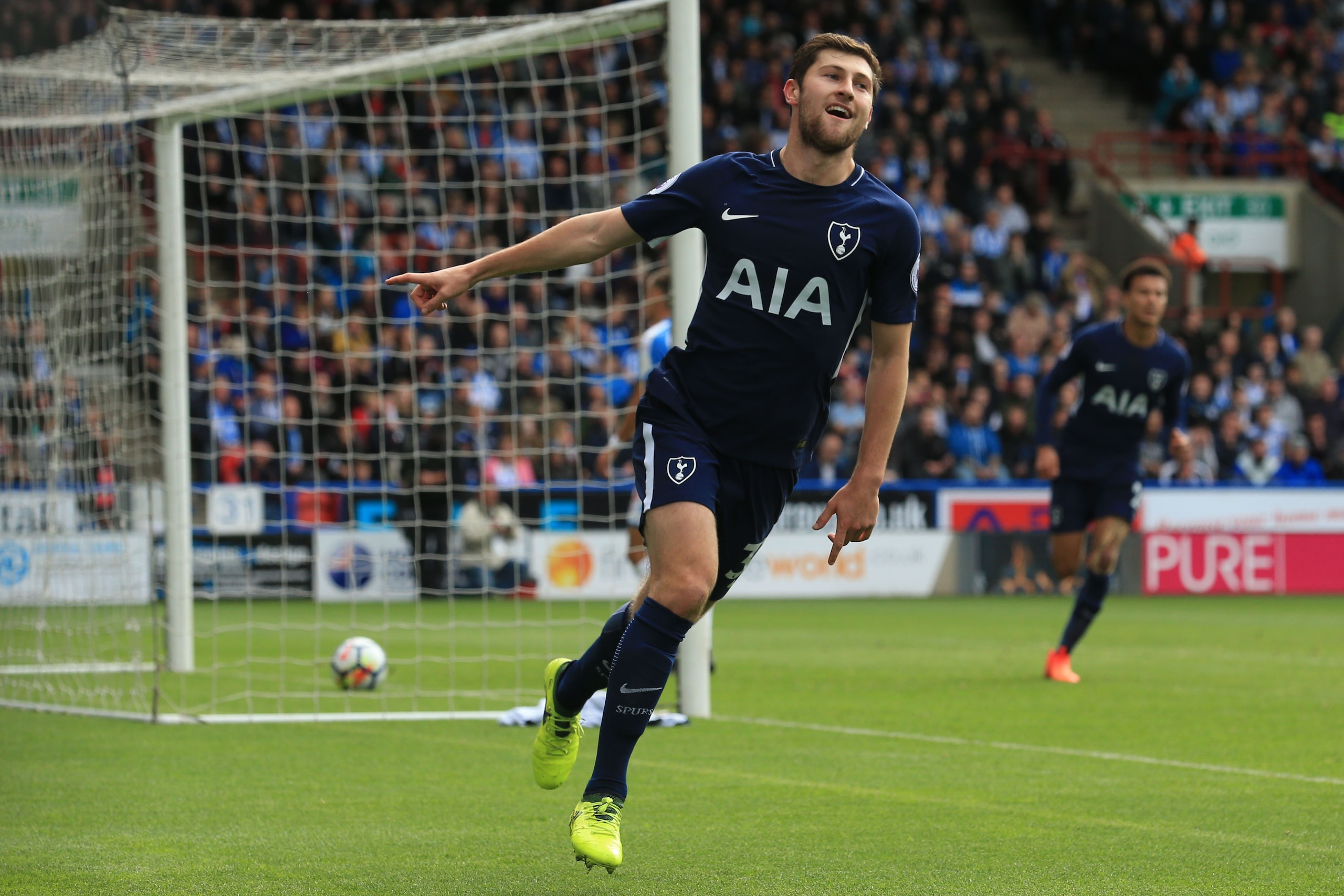 Tottenham Hotspur's Welsh defender Ben Davies celebrates after scoring their second goal during the English Premier League football match between Huddersfield Town and Tottenham Hotspur at the John Smith's stadium in Huddersfield, northern England on Sept