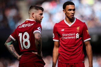 MANCHESTER, ENGLAND - SEPTEMBER 09: Alberto Moreno of Liverpool and Trent Alexander-Arnold of Liverpool during the Premier League match between Manchester City and Liverpool at Etihad Stadium on September 9, 2017 in Manchester, England. (Photo by Robbie J