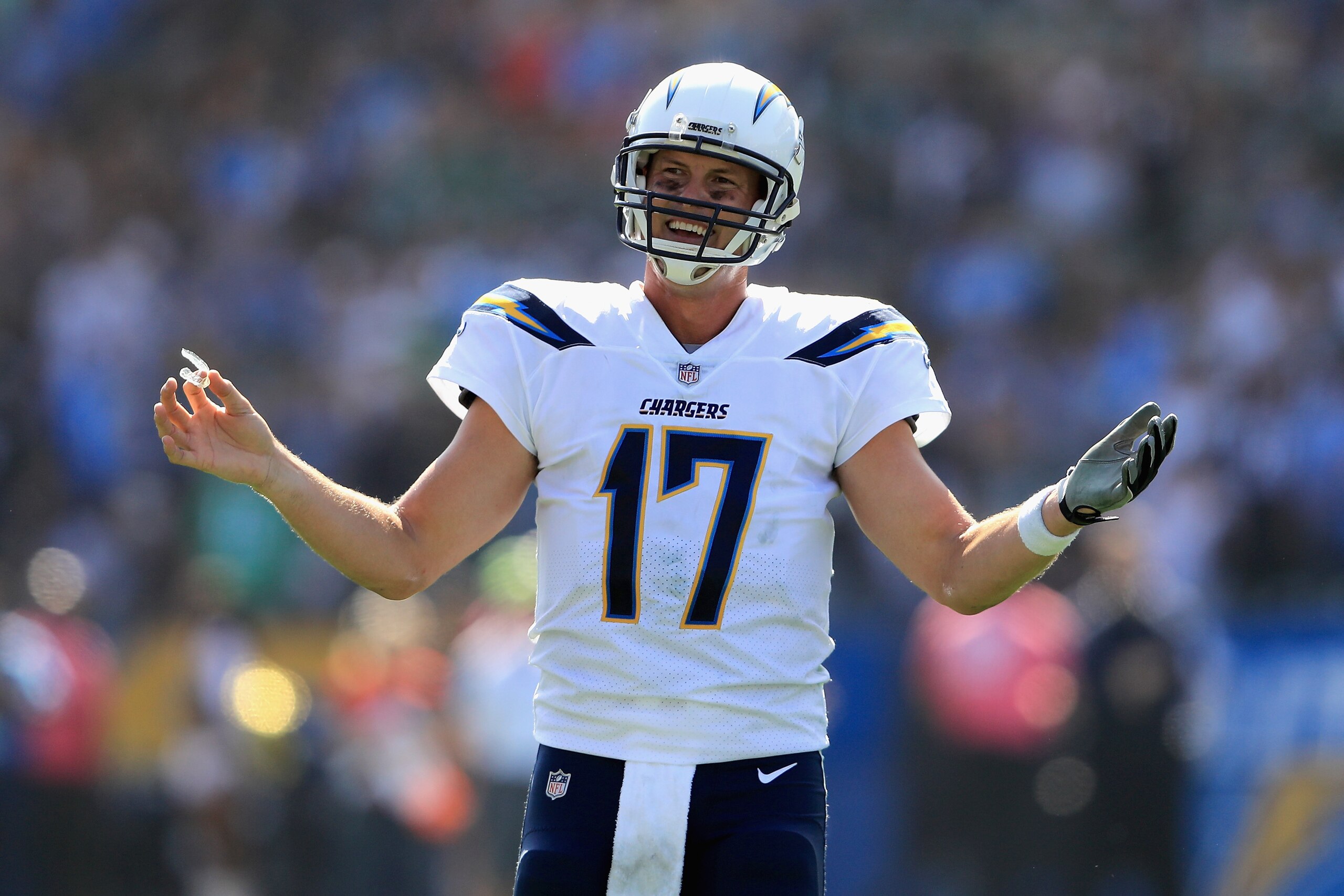 CARSON, CA - OCTOBER 01:   Philip Rivers #17 of the Los Angeles Chargers gestures to officials during the first half of a game against the Philadelphia Eagles  at StubHub Center on October 1, 2017 in Carson, California.  (Photo by Sean M. Haffey/Getty Ima