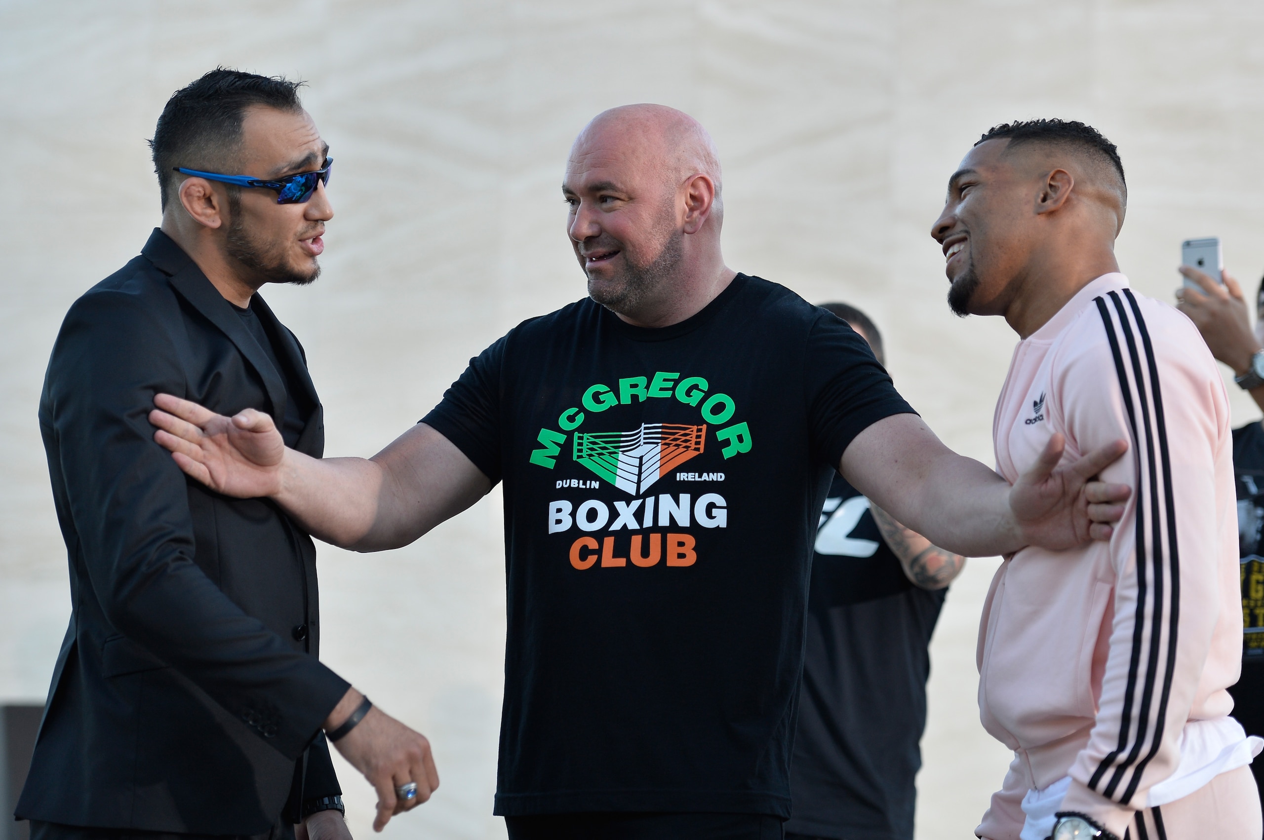 LAS VEGAS, NV - AUGUST 24:   (L-R) Opponents Tony Ferguson and Kevin Lee face off during the UFC 215 & UFC 216 Title Bout Participants Las Vegas Media Day at the UFC Headquarters on August 24, 2017 in Las Vegas, Nevada. (Photo by Brandon Magnus/Zuffa LLC/