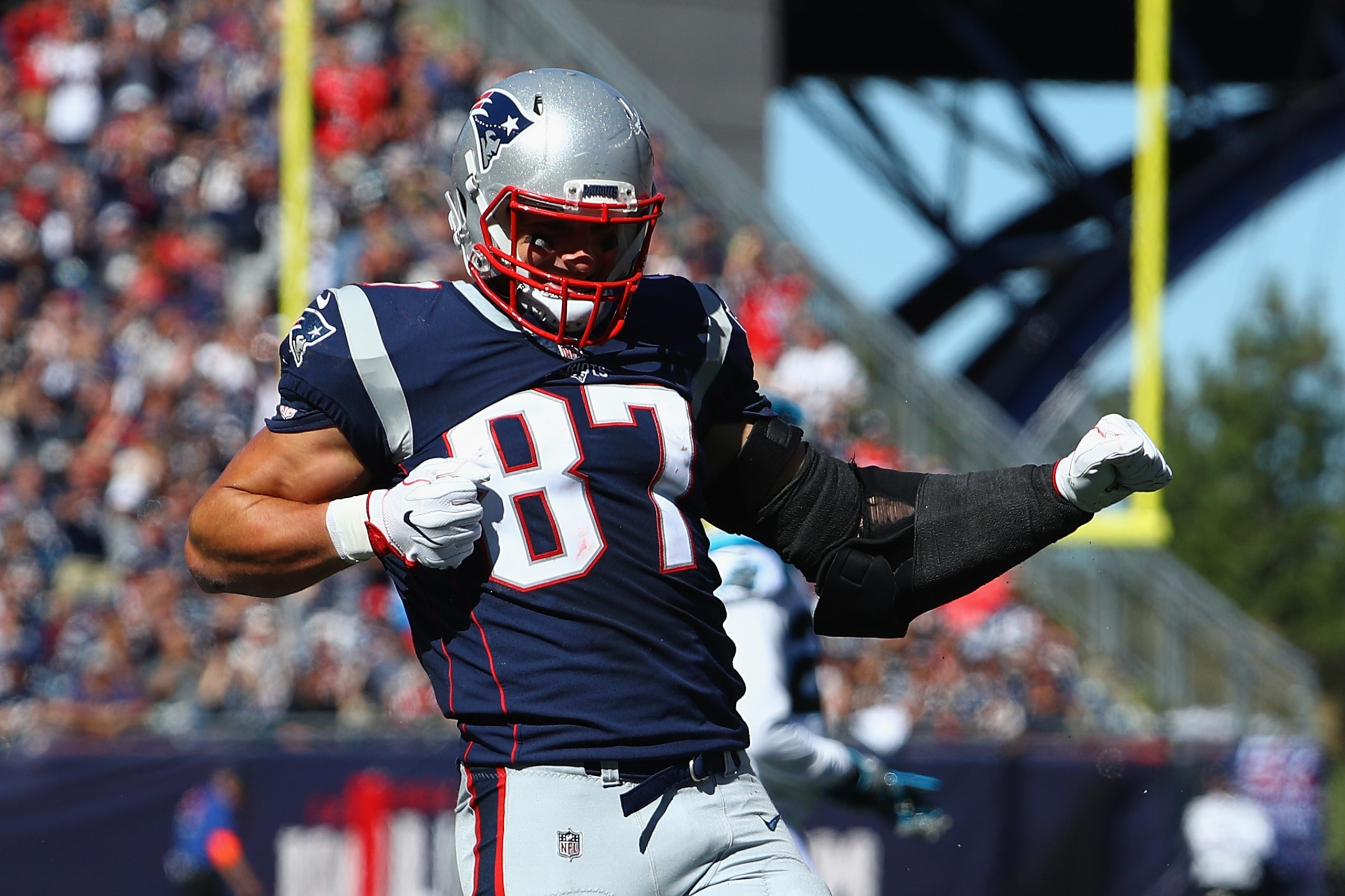 FOXBORO, MA - OCTOBER 01:  Rob Gronkowski #87 of the New England Patriots reacts after a play during the first half against the Carolina Panthers at Gillette Stadium on October 1, 2017 in Foxboro, Massachusetts.  (Photo by Maddie Meyer/Getty Images)