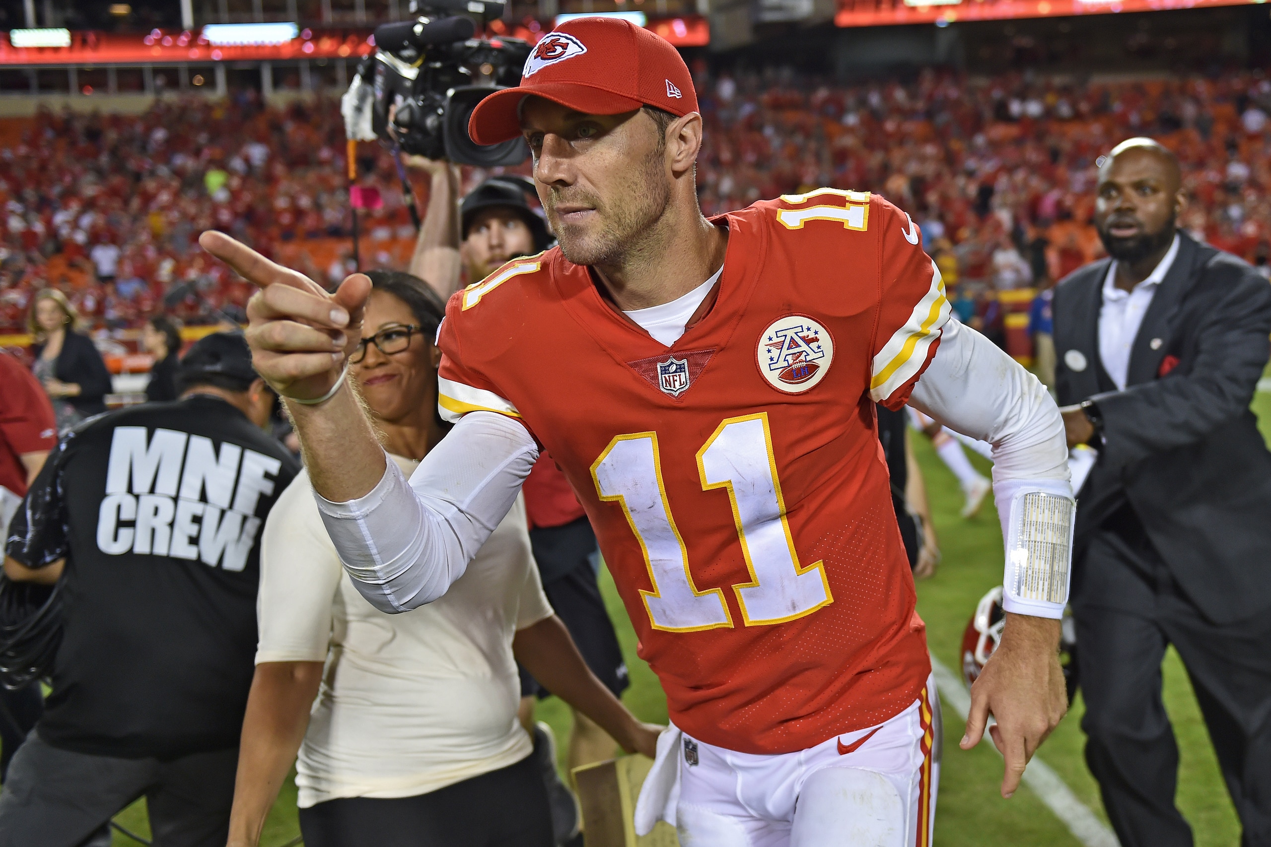 KANSAS CITY, MO - OCTOBER 02:  Quarterback Alex Smith #11 of the Kansas City Chiefs reacts after a game against the Washington Redskins on October 2, 2017 at Arrowhead Stadium in Kansas City, Missouri.  (Photo by Peter G. Aiken/Getty Images)