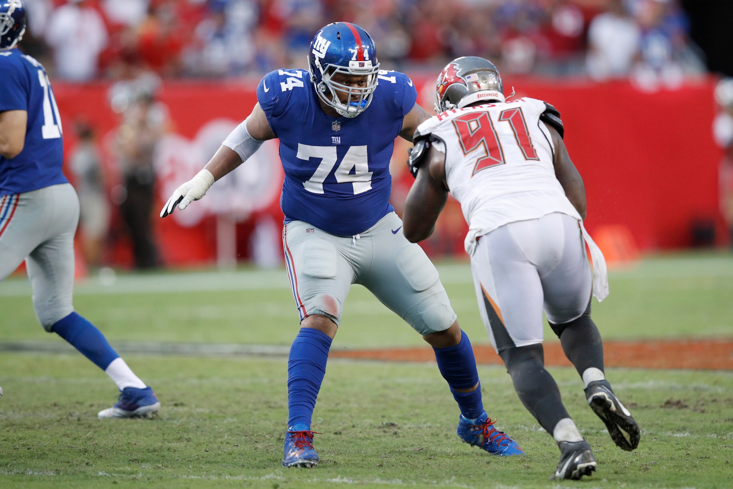 TAMPA, FL - OCTOBER 01: Ereck Flowers #74 of the New York Giants blocks during a game against the Tampa Bay Buccaneers at Raymond James Stadium on October 1, 2017 in Tampa, Florida. The Bucs defeated the Giants 25-23. (Photo by Joe Robbins/Getty Images)
