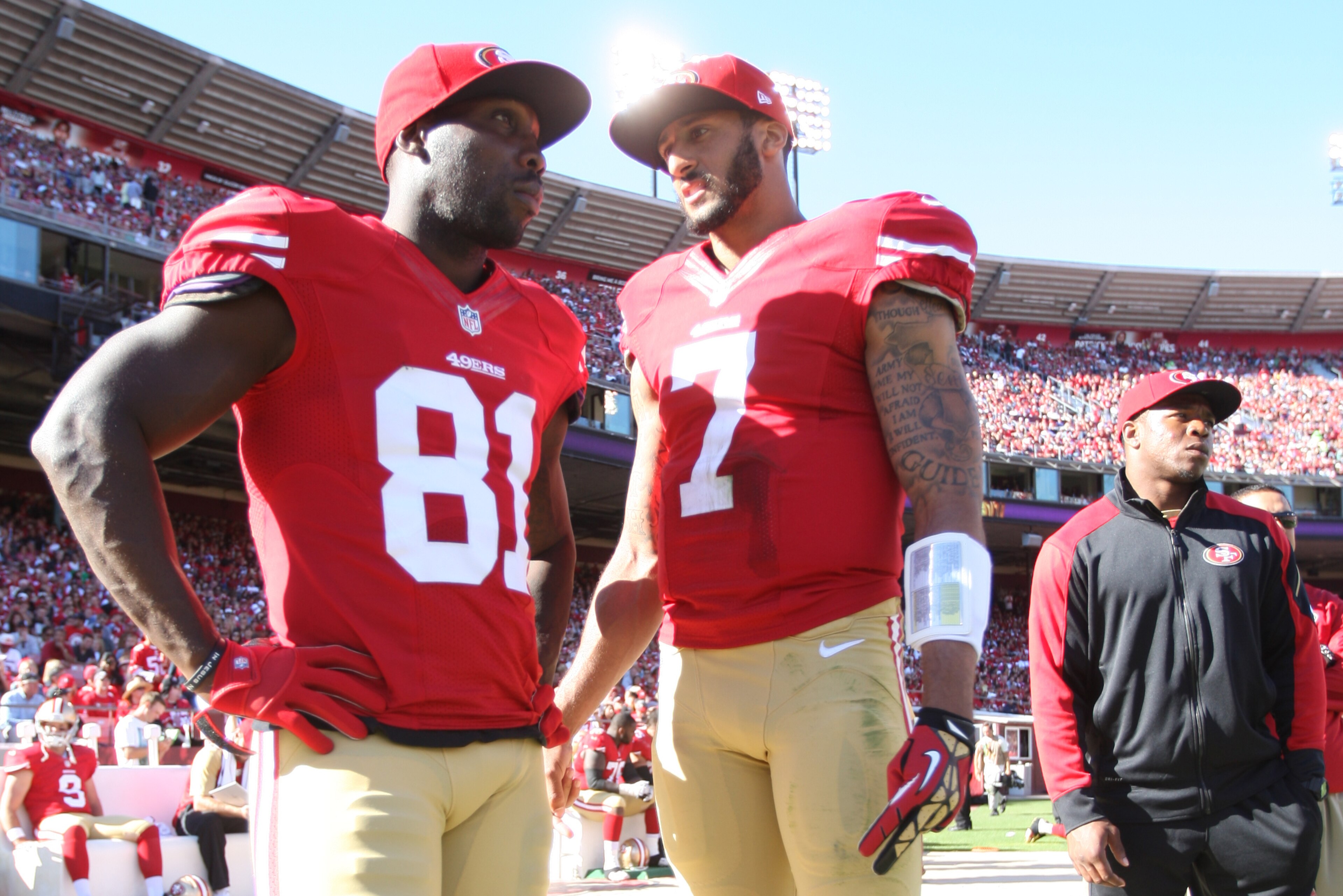 Anquan Boldin (left) has expressed his support for his former teammate Colin Kaepernick (right) and more players who have protested during the national anthem.