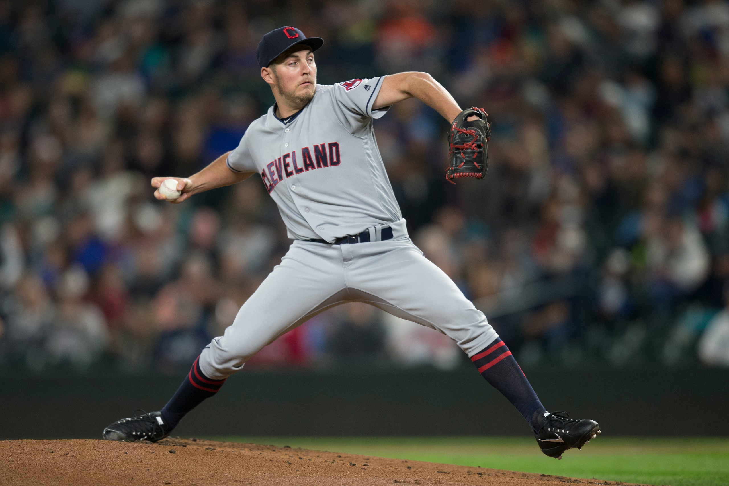 SEATTLE, WA - SEPTEMBER 22: Starter Trevor Bauer #47 of the Cleveland Indians delivers a pitch during a game at Safeco Field on September 22, 2017 in Seattle, Washington. The Mariners won the game 3-1. (Photo by Stephen Brashear/Getty Images)