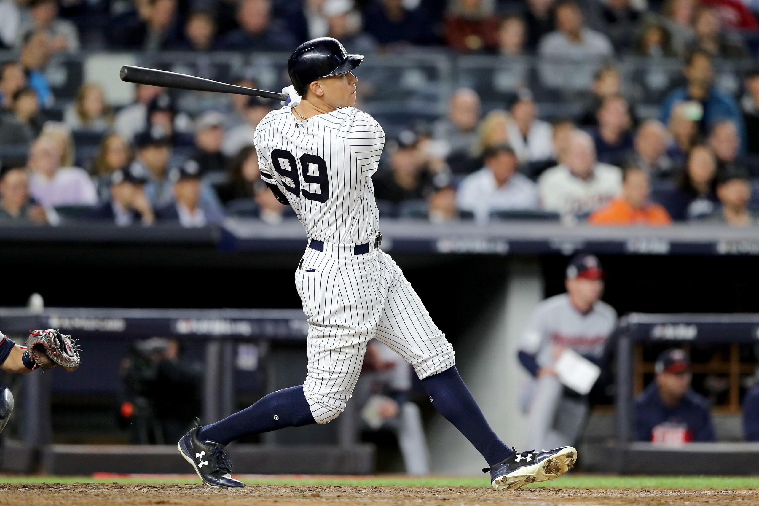 NEW YORK, NY - OCTOBER 03:  Aaron Judge #99 of the New York Yankees hits a two run home run against Jose Berrios #17 of the Minnesota Twins during the fourth inning in the American League Wild Card Game at Yankee Stadium on October 3, 2017 in the Bronx bo