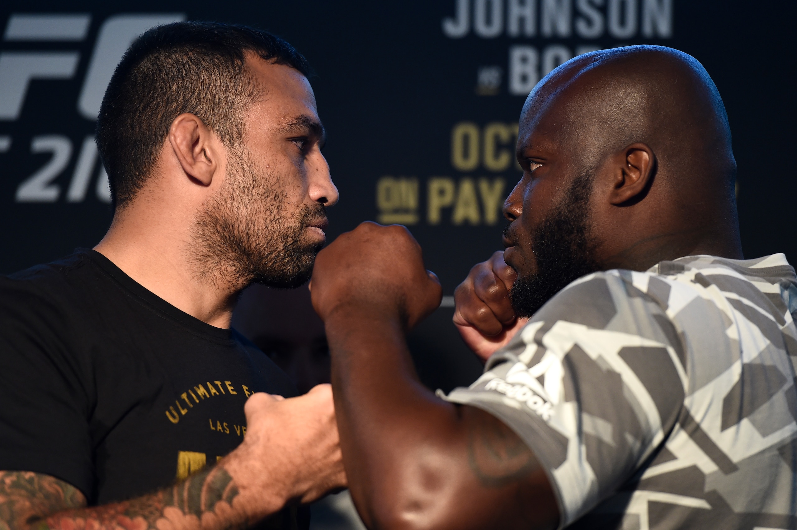 LAS VEGAS, NV - OCTOBER 04:  (L-R) Fabricio Werdum of Brazil and Derrick Lewis face off during the UFC 216 Ultimate Media Day on October 4, 2017 in Las Vegas, Nevada. (Photo by Brandon Magnus/Zuffa LLC/Zuffa LLC via Getty Images)