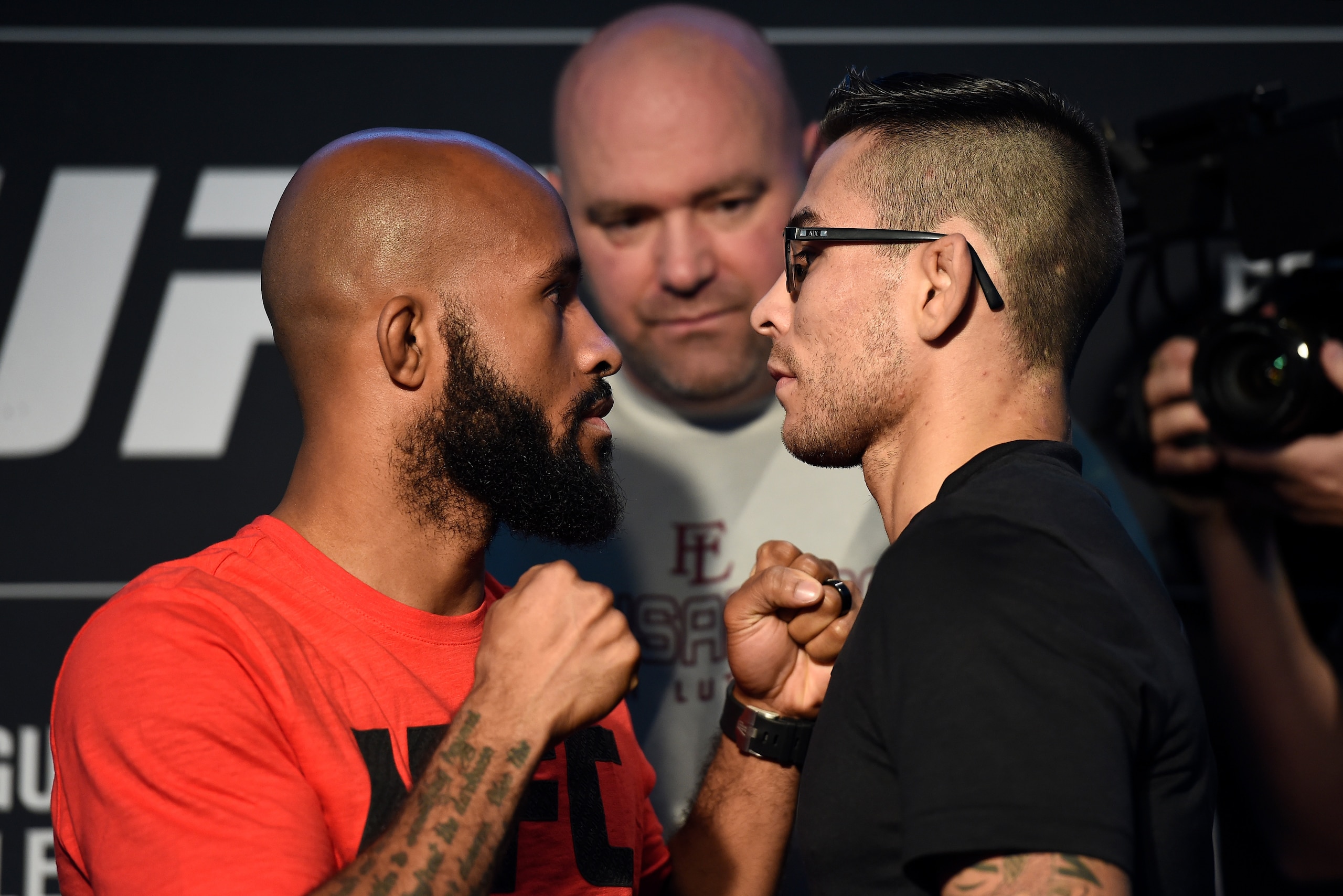 LAS VEGAS, NV - OCTOBER 04:  (L-R) UFC flyweight champion Demetrious Johnson and Ray Borg face off during the UFC 216 Ultimate Media Day on October 4, 2017 in Las Vegas, Nevada. (Photo by Brandon Magnus/Zuffa LLC/Zuffa LLC via Getty Images)