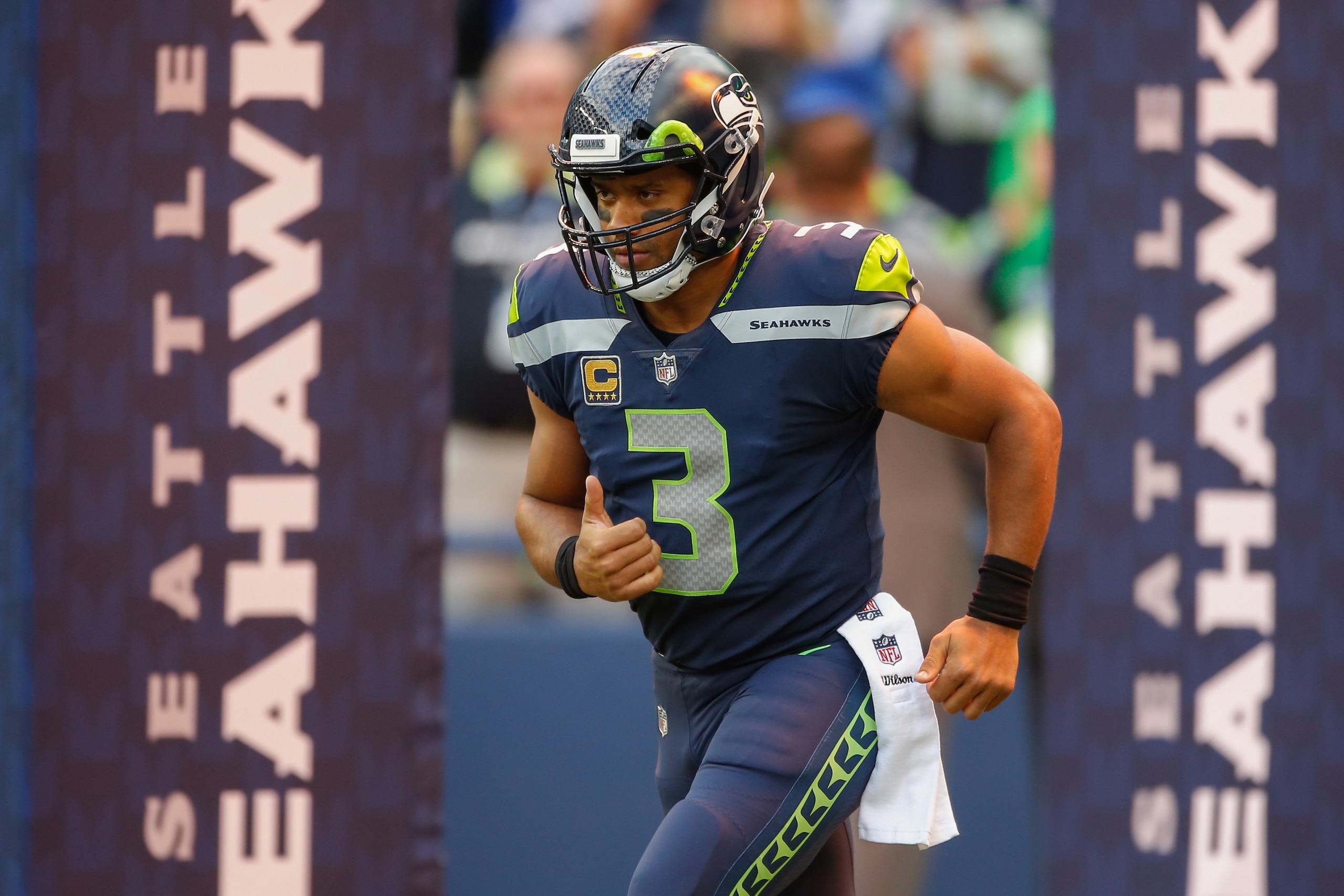 SEATTLE, WA - OCTOBER 01:  Quarterback Russell Wilson #3 of the Seattle Seahawks takes the field prior to the game against the Indianapolis Colts at CenturyLink Field on October 1, 2017 in Seattle, Washington.  (Photo by Otto Greule Jr/Getty Images)