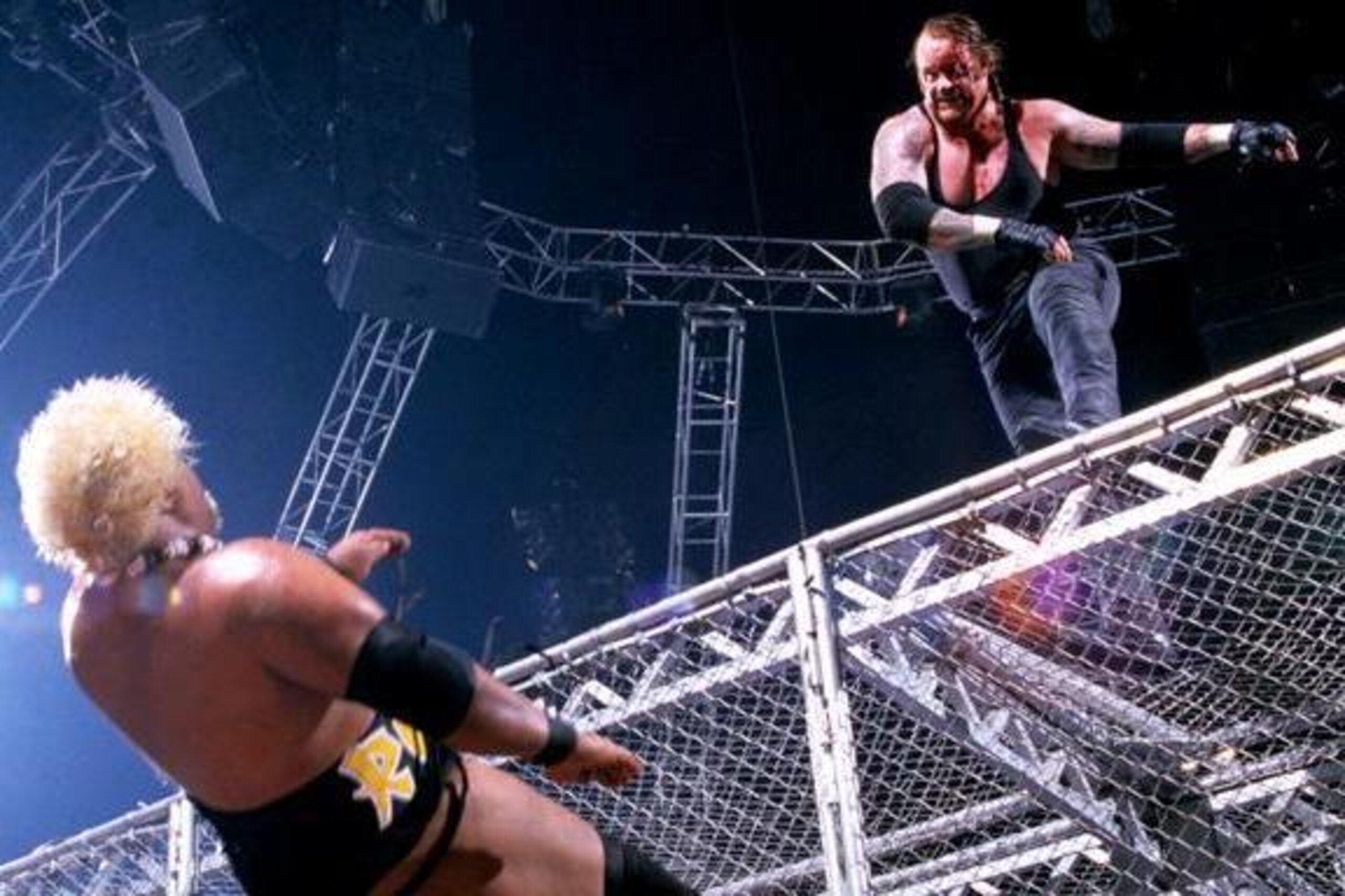 Undertaker throws Rikishi off the Hell in a Cell in 2000.