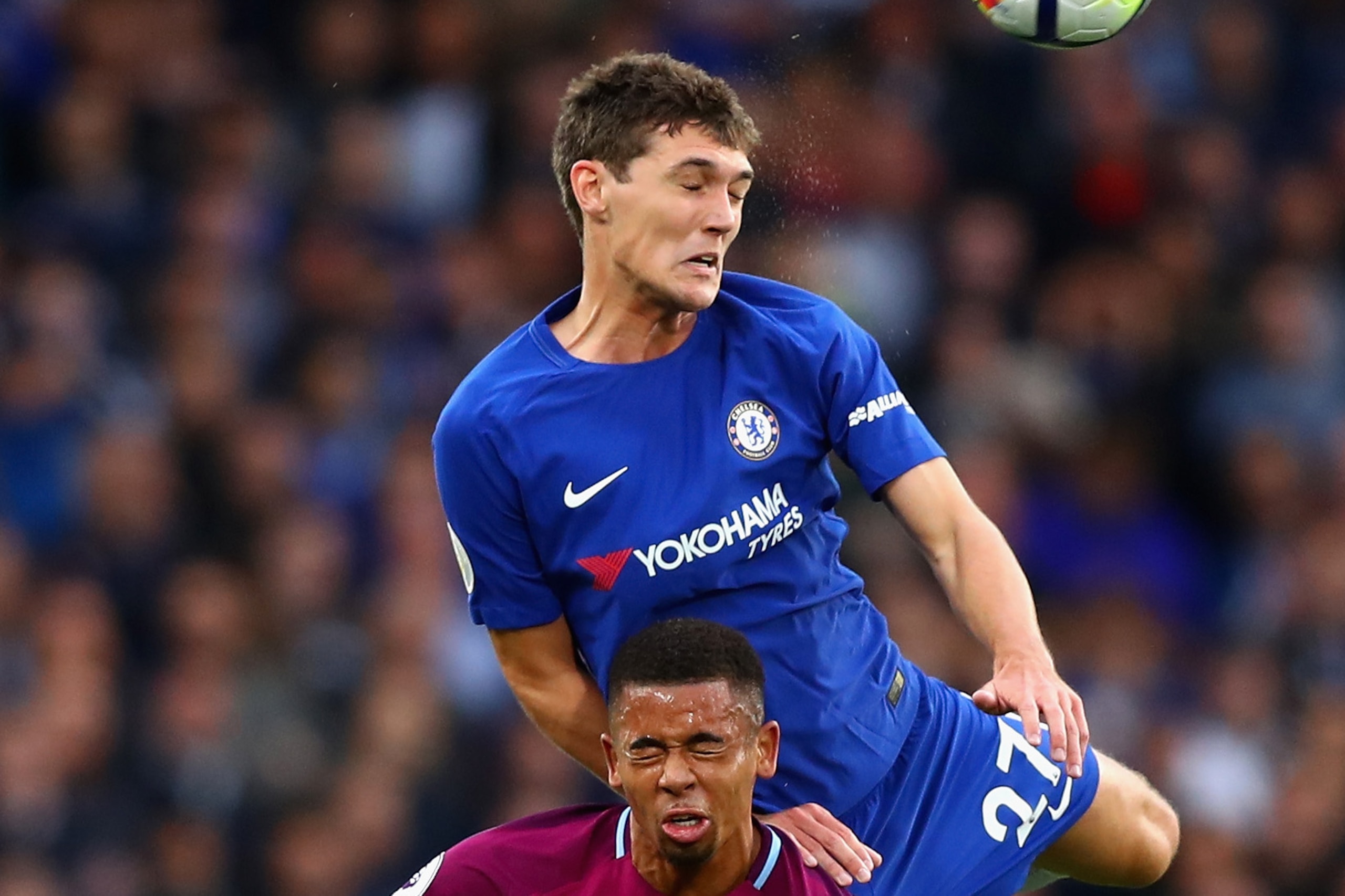 LONDON, ENGLAND - SEPTEMBER 30: Gabriel Jesus of Manchester City and Andreas Christensen of Chelsea battle for possession in the aiir during the Premier League match between Chelsea and Manchester City at Stamford Bridge on September 30, 2017 in London, E LONDON, ENGLAND - SEPTEMBER 30: Gabriel Jesus of Manchester City and Andreas Christensen of Chelsea battle for possession in the aiir during the Premier League match between Chelsea and Manchester City at Stamford Bridge on September 30, 2017 in London, E