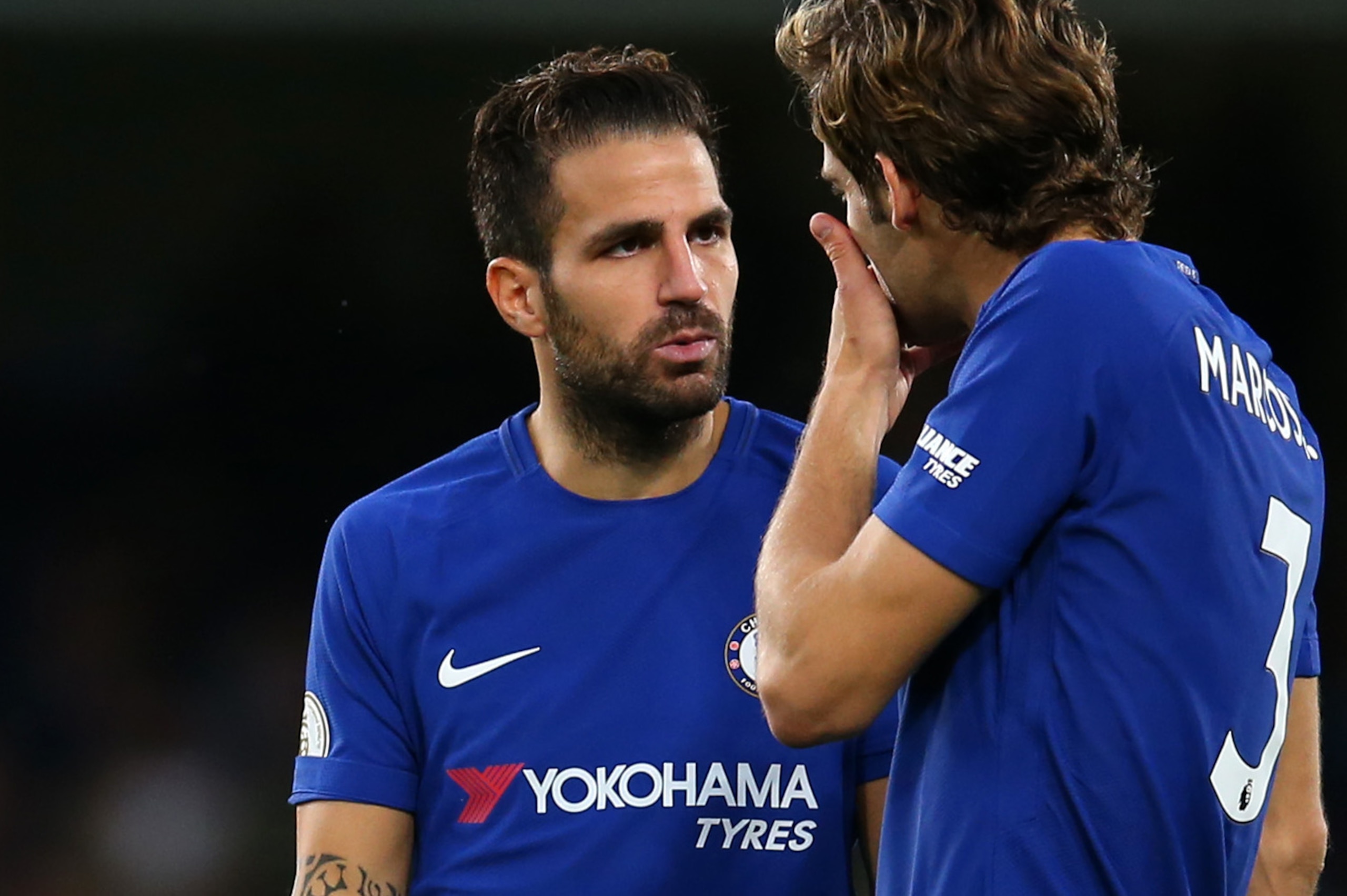 LONDON, ENGLAND - SEPTEMBER 30: Cesc Fabregas of Chelsea talks to Marcos Alonso of Chelsea during the Premier League match between Chelsea and Manchester City at Stamford Bridge on September 30, 2017 in London, England. (Photo by Catherine Ivill - AMA/Get LONDON, ENGLAND - SEPTEMBER 30: Cesc Fabregas of Chelsea talks to Marcos Alonso of Chelsea during the Premier League match between Chelsea and Manchester City at Stamford Bridge on September 30, 2017 in London, England. (Photo by Catherine Ivill - AMA/Get
