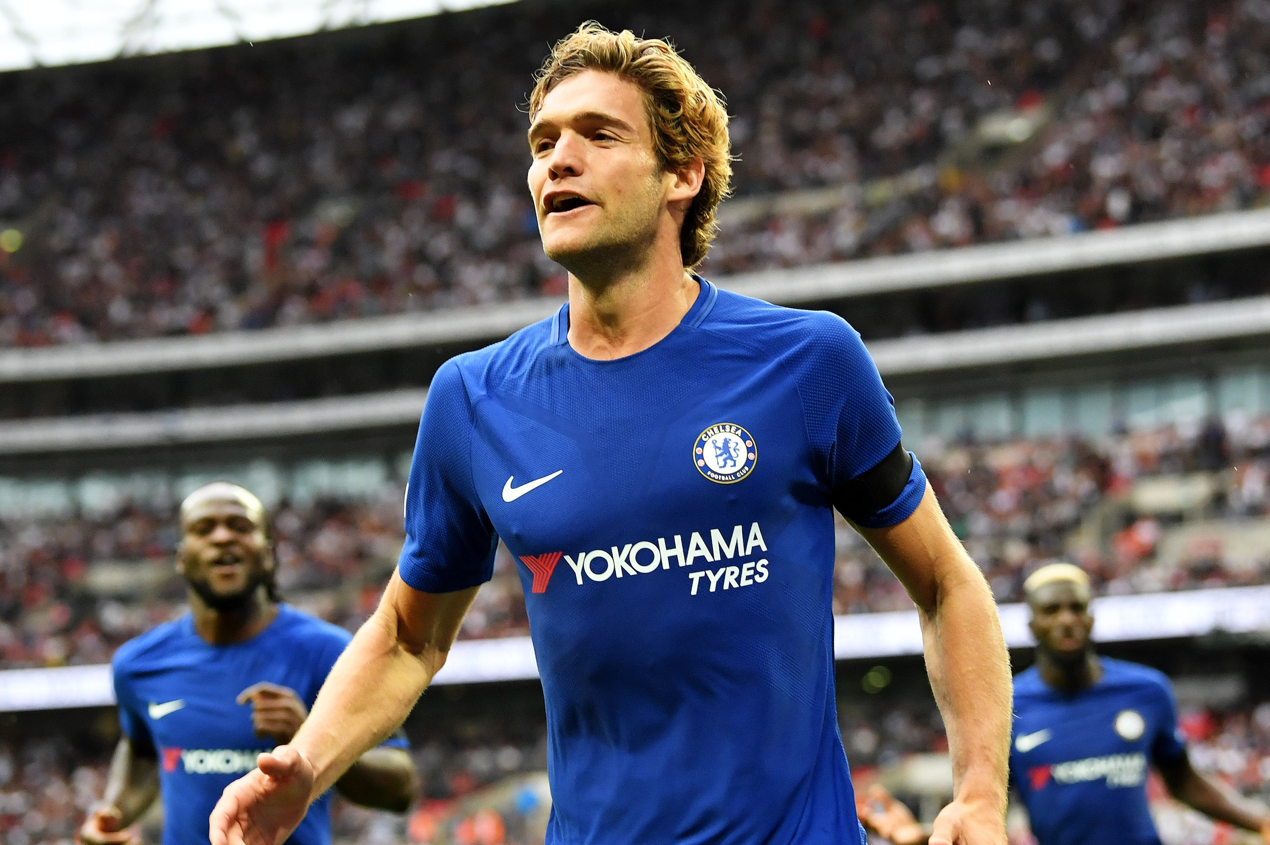 LONDON, ENGLAND - AUGUST 20: Marcos Alonso of Chelsea celebrates scoring the 2nd Chelsea goal during the Premier League match between Tottenham Hotspur and Chelsea at Wembley Stadium on August 20, 2017 in London, England. (Photo by Justin Setterfield/Get LONDON, ENGLAND - AUGUST 20: Marcos Alonso of Chelsea celebrates scoring the 2nd Chelsea goal during the Premier League match between Tottenham Hotspur and Chelsea at Wembley Stadium on August 20, 2017 in London, England. (Photo by Justin Setterfield/Get