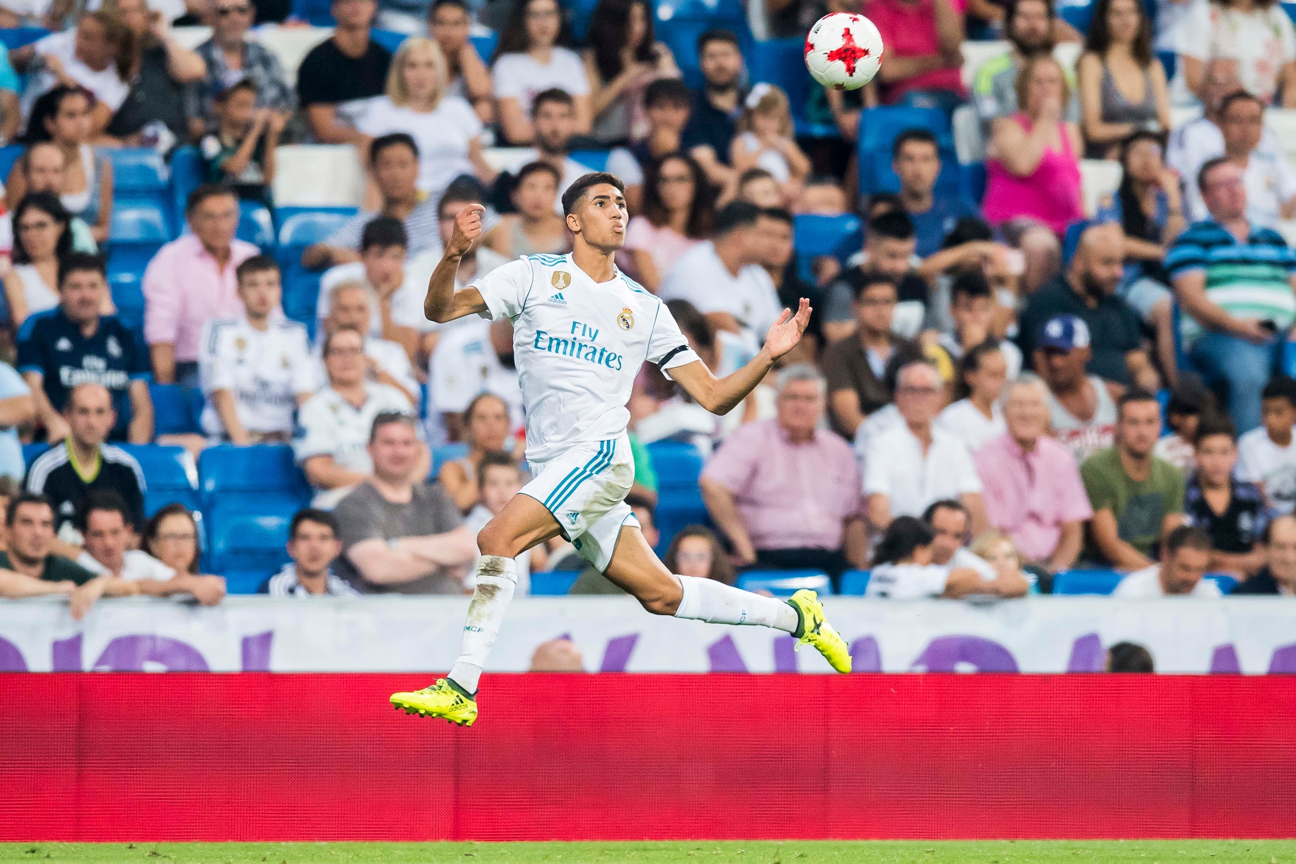 MADRID, SPAIN - AUGUST 23: Achraf Hakimi of Real Madrid in action during the Santiago Bernabeu Trophy 2017 match between Real Madrid and ACF Fiorentina at the Santiago Bernabeu Stadium on 23 August 2017 in Madrid, Spain. (Photo by Power Sport Images/Getty