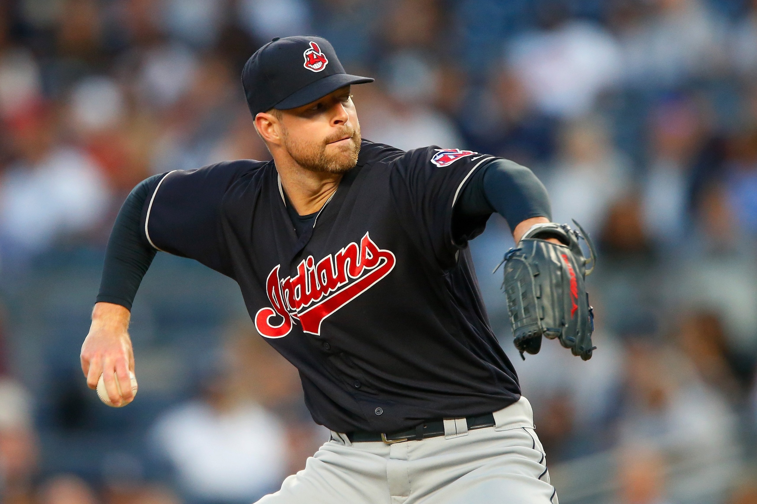 NEW YORK, NY - AUGUST 28:  Corey Kluber #28 of the Cleveland Indians in action against the New York Yankees at Yankee Stadium on August 28, 2017 in the Bronx borough of New York City. The Indians defeated the Yankees 6-2.  (Photo by Jim McIsaac/Getty Imag