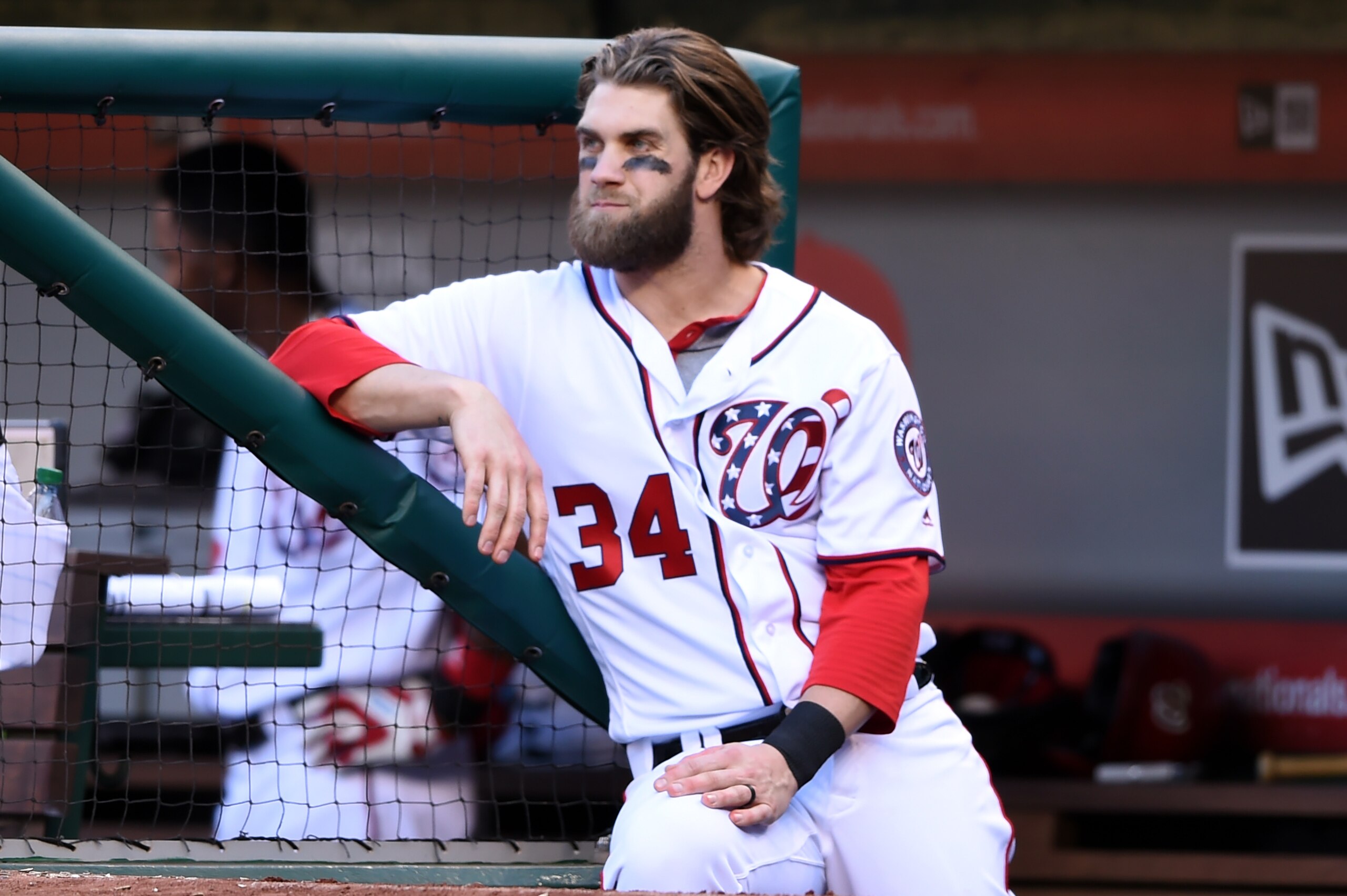 WASHINGTON, DC - OCTOBER 01:  Bryce Harper #34 of the Washington Nationals looks on during a baseball game against the Pittsburgh Pirates at Nationals Park on October 1, 2017 in Washington, DC.  (Photo by Mitchell Layton/Getty Images)
