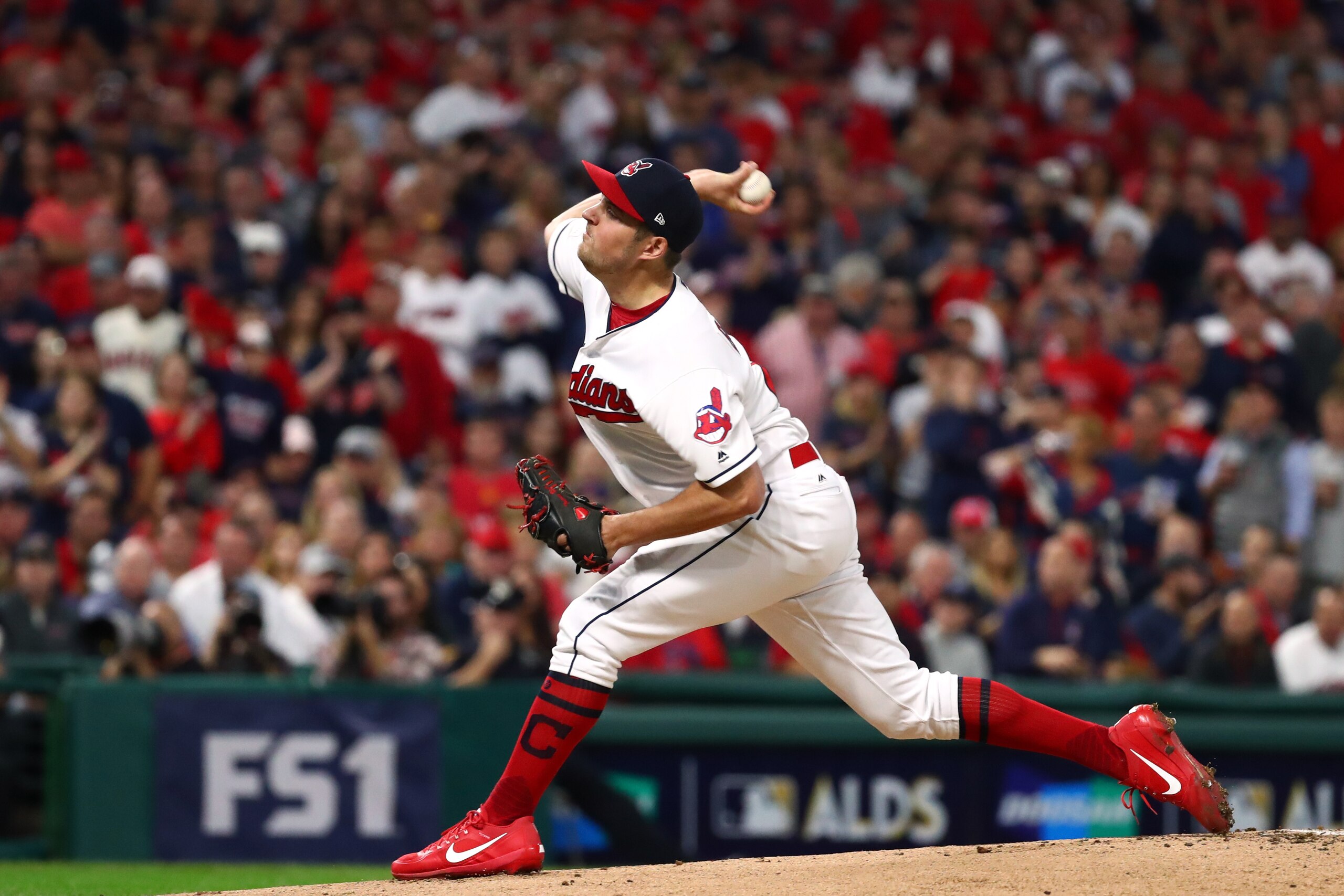 CLEVELAND, OH - OCTOBER 05: Trevor Bauer #47 of the Cleveland Indians delivers the pitch during the first inning against the New York Yankees during game one of the American League Division Series at Progressive Field on October 5, 2017 in Cleveland, Ohio CLEVELAND, OH - OCTOBER 05: Trevor Bauer #47 of the Cleveland Indians delivers the pitch during the first inning against the New York Yankees during game one of the American League Division Series at Progressive Field on October 5, 2017 in Cleveland, Ohio