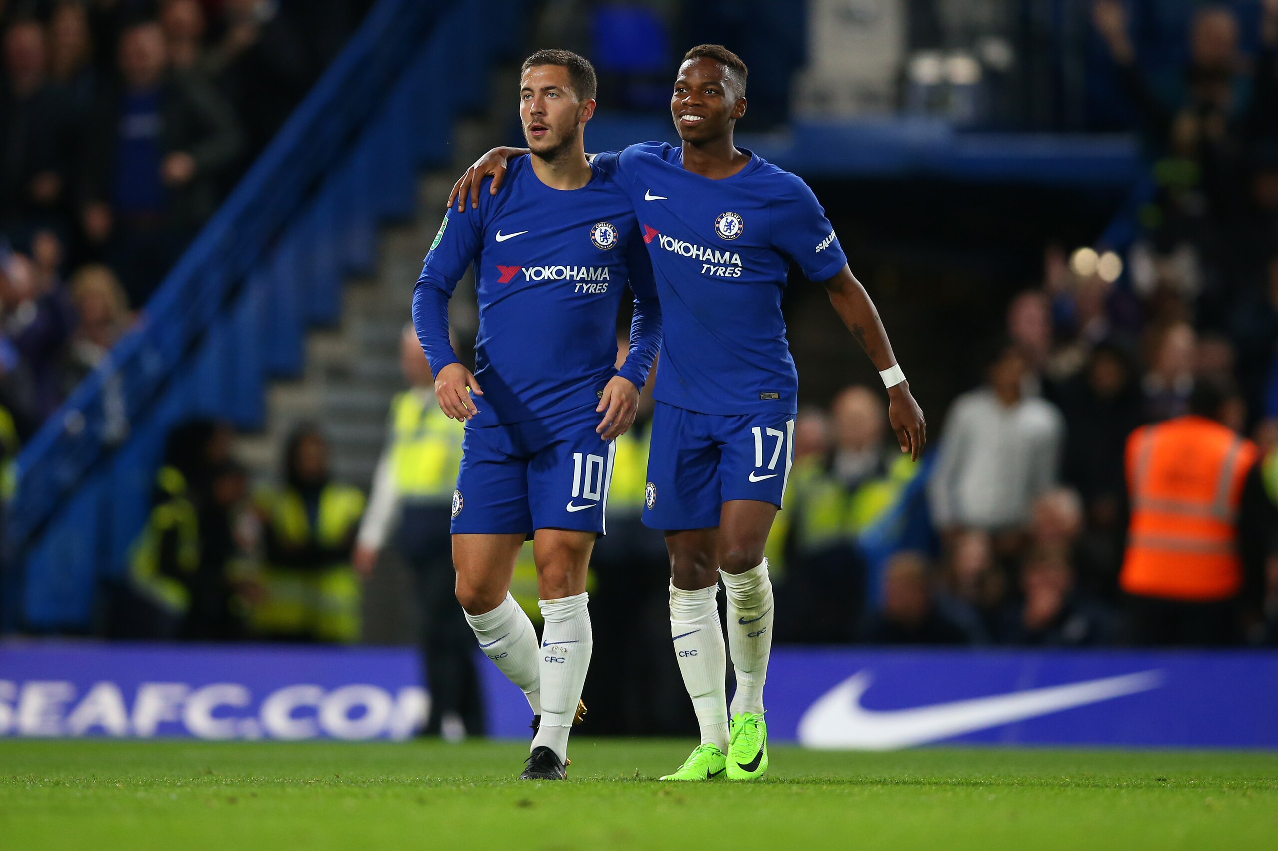 LONDON, ENGLAND - SEPTEMBER 20: Eden Hazard of Chelsea and Charly Musonda of Chelsea during the Carabao Cup Third Round match between Chelsea and Nottingham Forest at Stamford Bridge on September 20, 2017 in London, England. (Photo by Catherine Ivill - AM