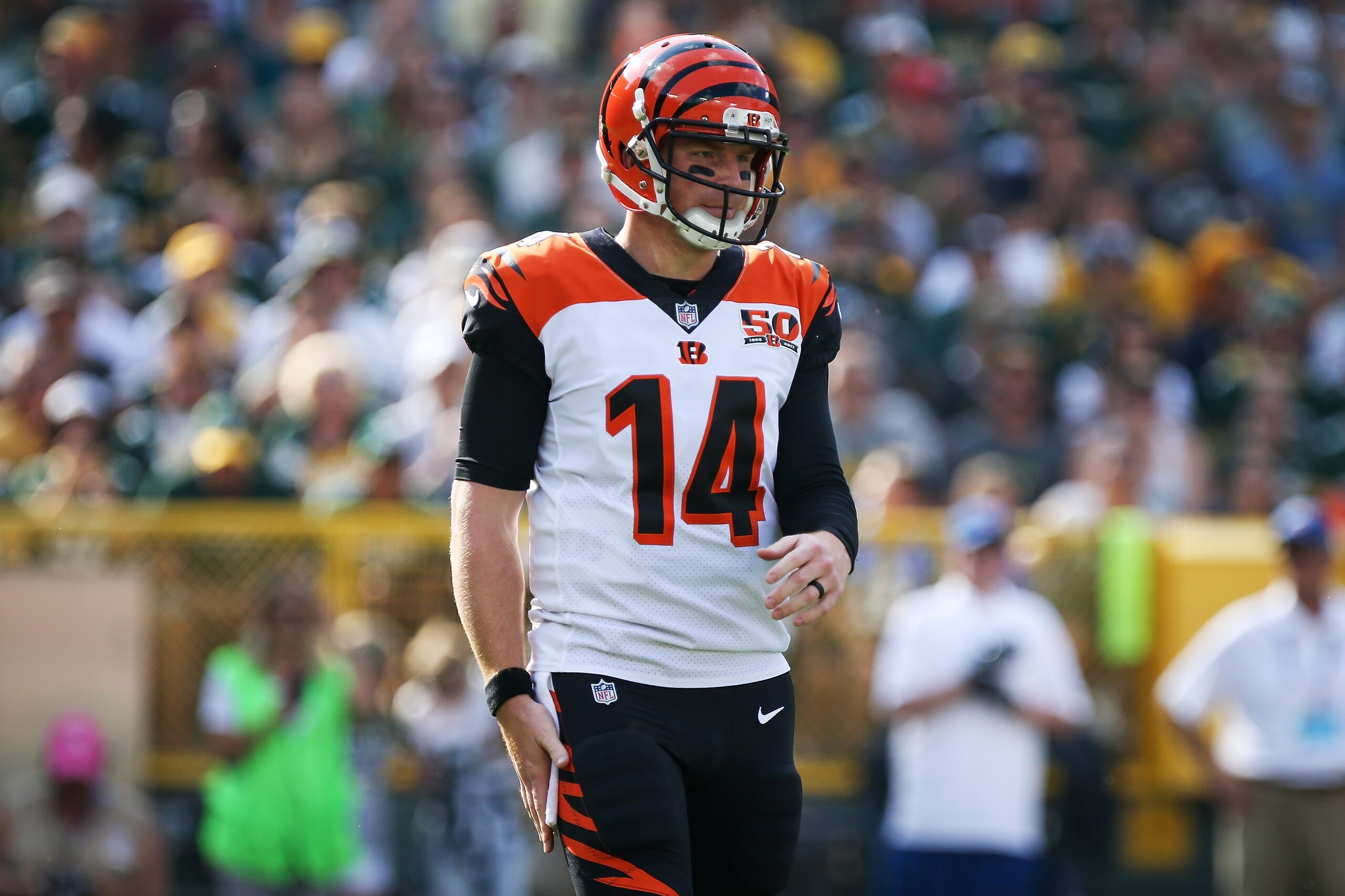 GREEN BAY, WI - SEPTEMBER 24:  Andy Dalton #14 of the Cincinnati Bengals looks to the sideline in the first quarter against the Green Bay Packers at Lambeau Field on September 24, 2017 in Green Bay, Wisconsin.  (Photo by Dylan Buell/Getty Images)