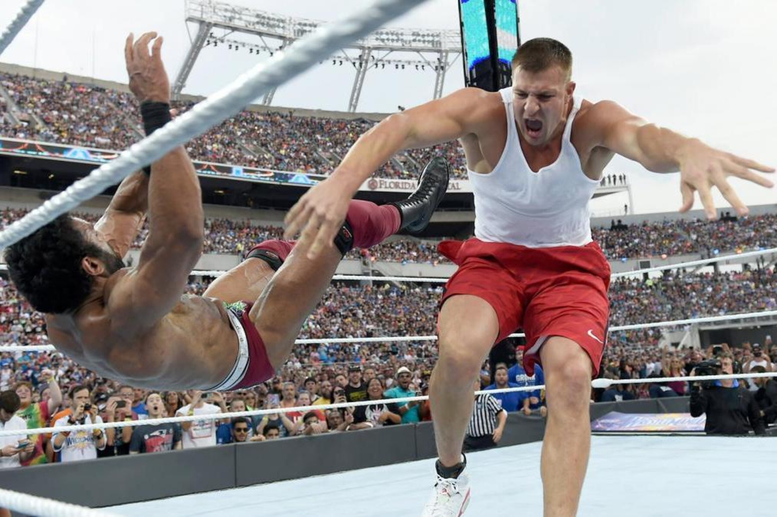 Rob Gronkowski takes down Jinder Mahal at WrestleMania 33. Rob Gronkowski takes down Jinder Mahal at WrestleMania 33.