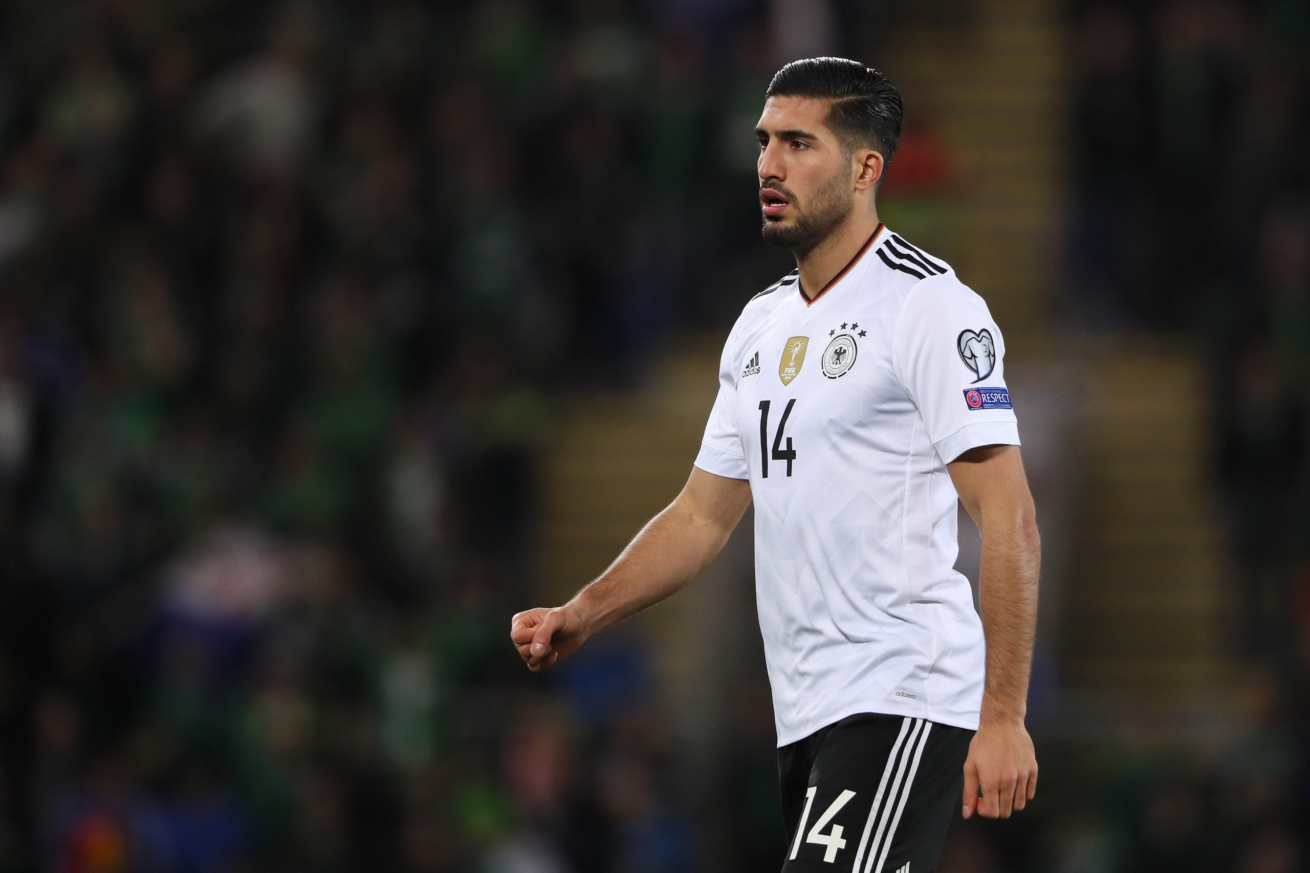 BELFAST, NORTHERN IRELAND - OCTOBER 05:  Emre Can of Germany looks on  during the FIFA 2018 World Cup Qualifier between Northern Ireland and Germany at Windsor Park on October 5, 2017 in Belfast, Northern Ireland. (Photo by Matthew Ashton - AMA/Getty Imag