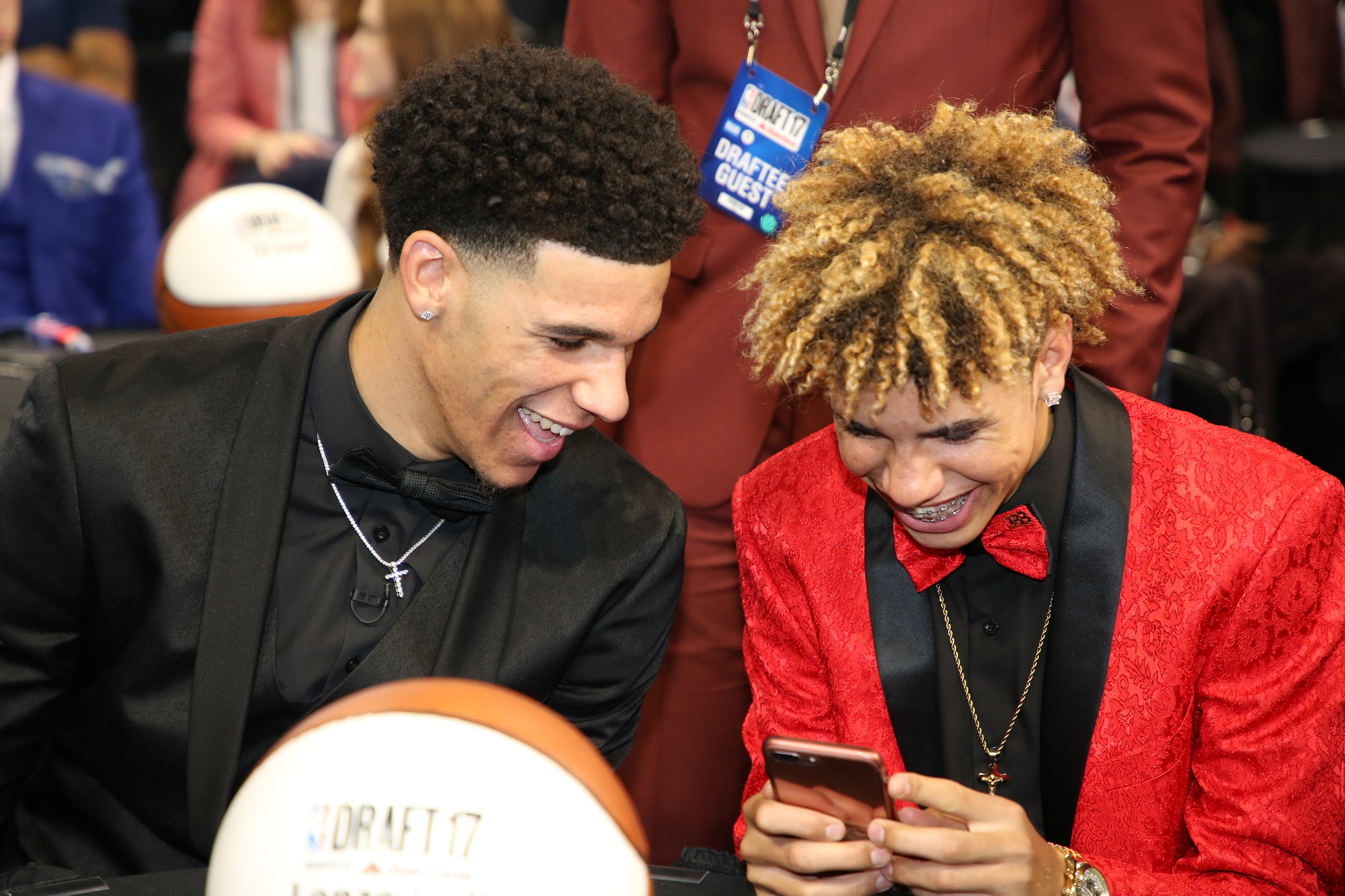 BROOKLYN, NY - JUNE 22:  Lonzo Ball and LaMelo Ball prior to the 2017 NBA Draft on June 22, 2017 at Barclays Center in Brooklyn, New York. NOTE TO USER: User expressly acknowledges and agrees that, by downloading and or using this photograph, User is cons