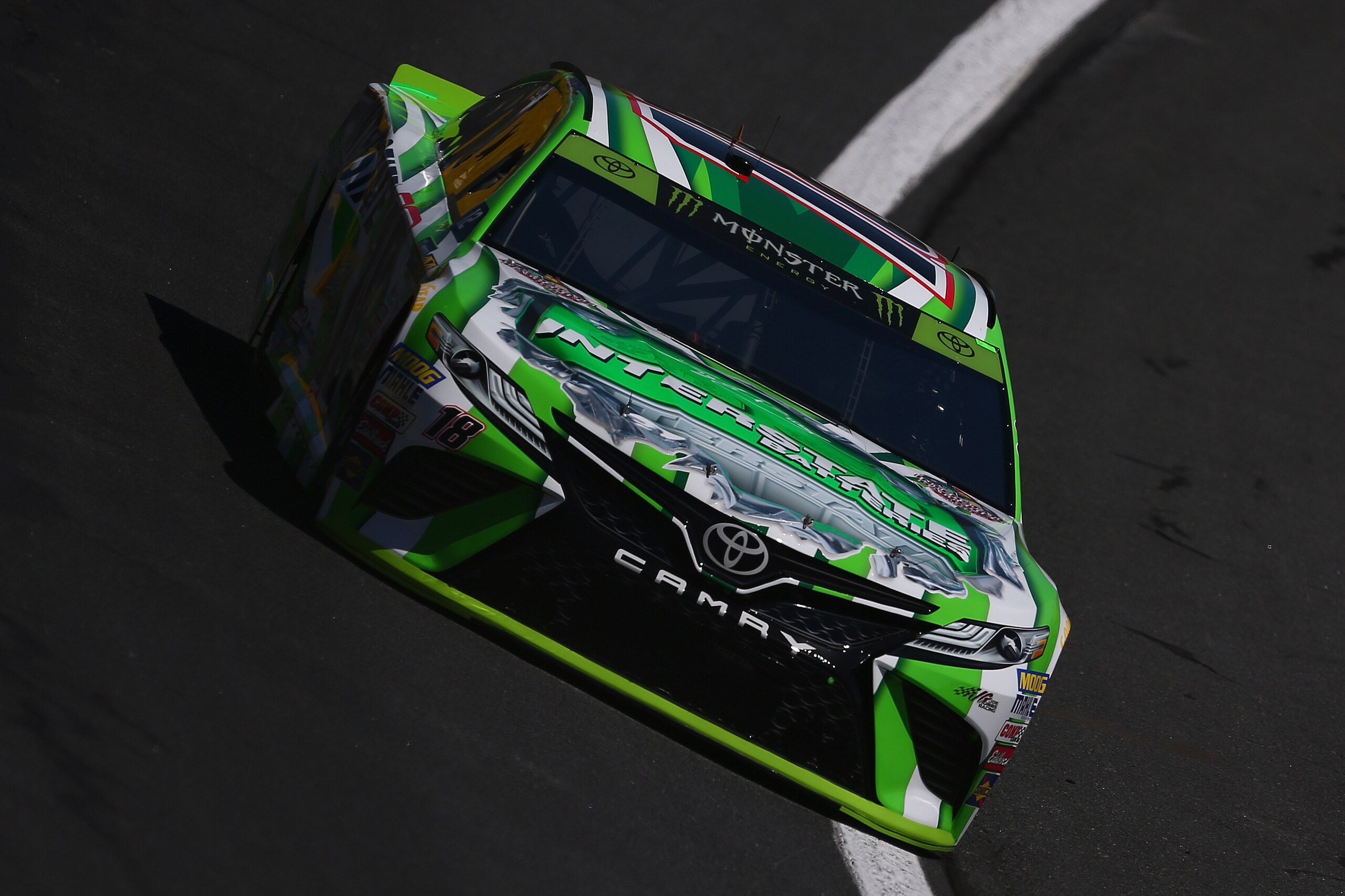 CHARLOTTE, NC - OCTOBER 06:  Kyle Busch, driver of the #18 Interstate Batteries Toyota, drives during practice for the Monster Energy NASCAR Cup Series Bank of America 500 at Charlotte Motor Speedway on October 6, 2017 in Charlotte, North Carolina.  (Phot