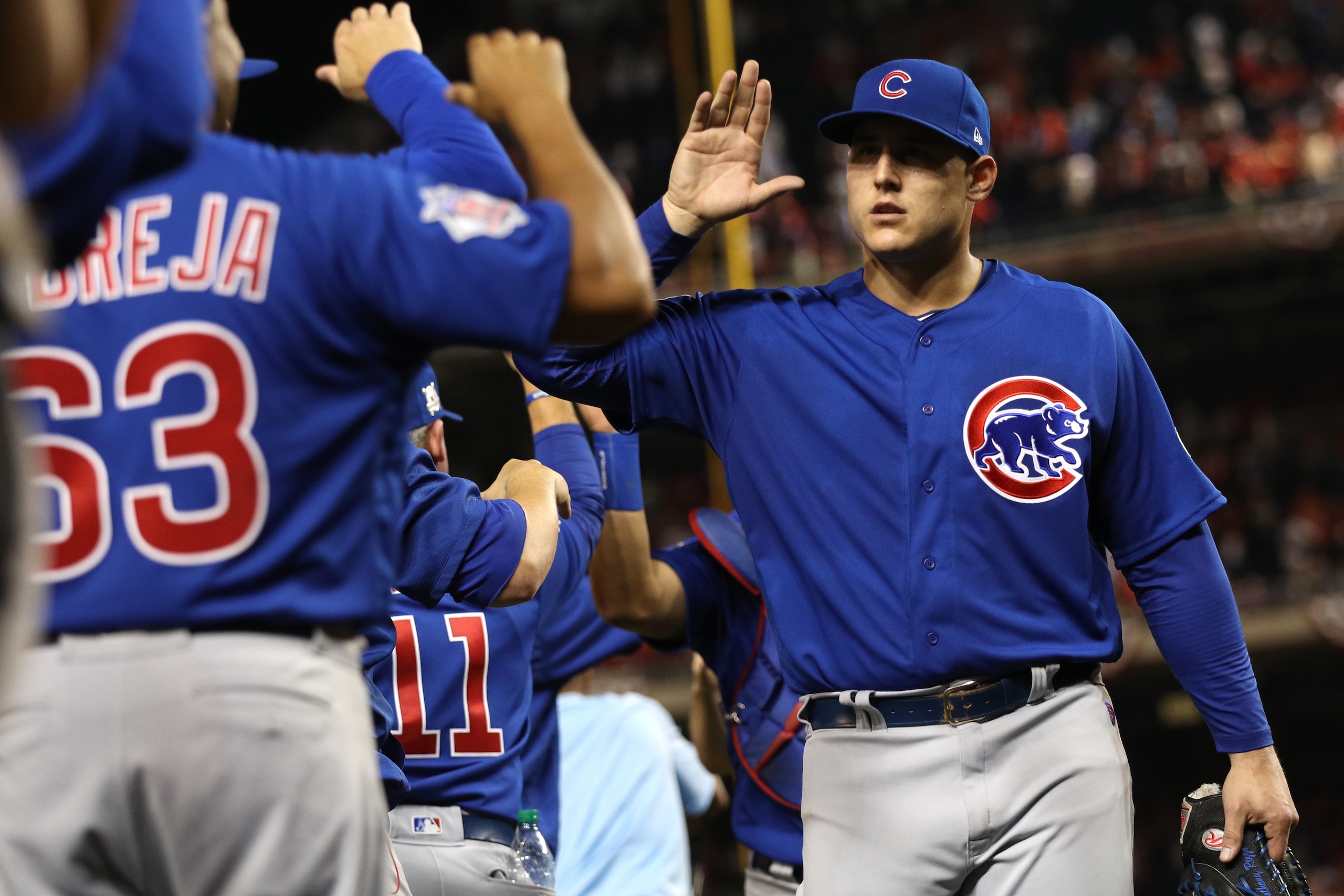 WASHINGTON, DC - OCTOBER 06: Anthony Rizzo #44 of the Chicago Cubs celebrates with teammates after defeating the Washington Nationals game one of the National League Division Series at Nationals Park on October 6, 2017 in Washington, DC. (Photo by Patrick