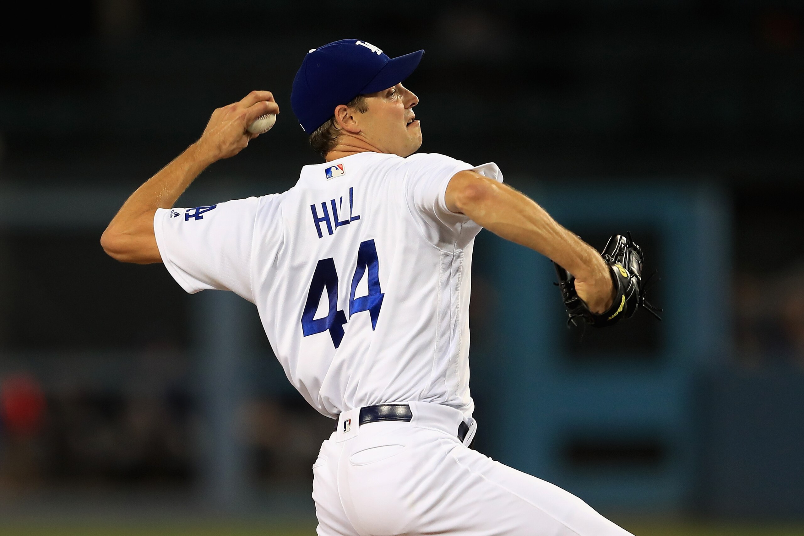 LOS ANGELES, CA - SEPTEMBER 27:  Rich Hill #44 of the Los Angeles Dodgers pitches during the first inning of a game against the San Diego Padres  at Dodger Stadium on September 27, 2017 in Los Angeles, California.  (Photo by Sean M. Haffey/Getty Images)
