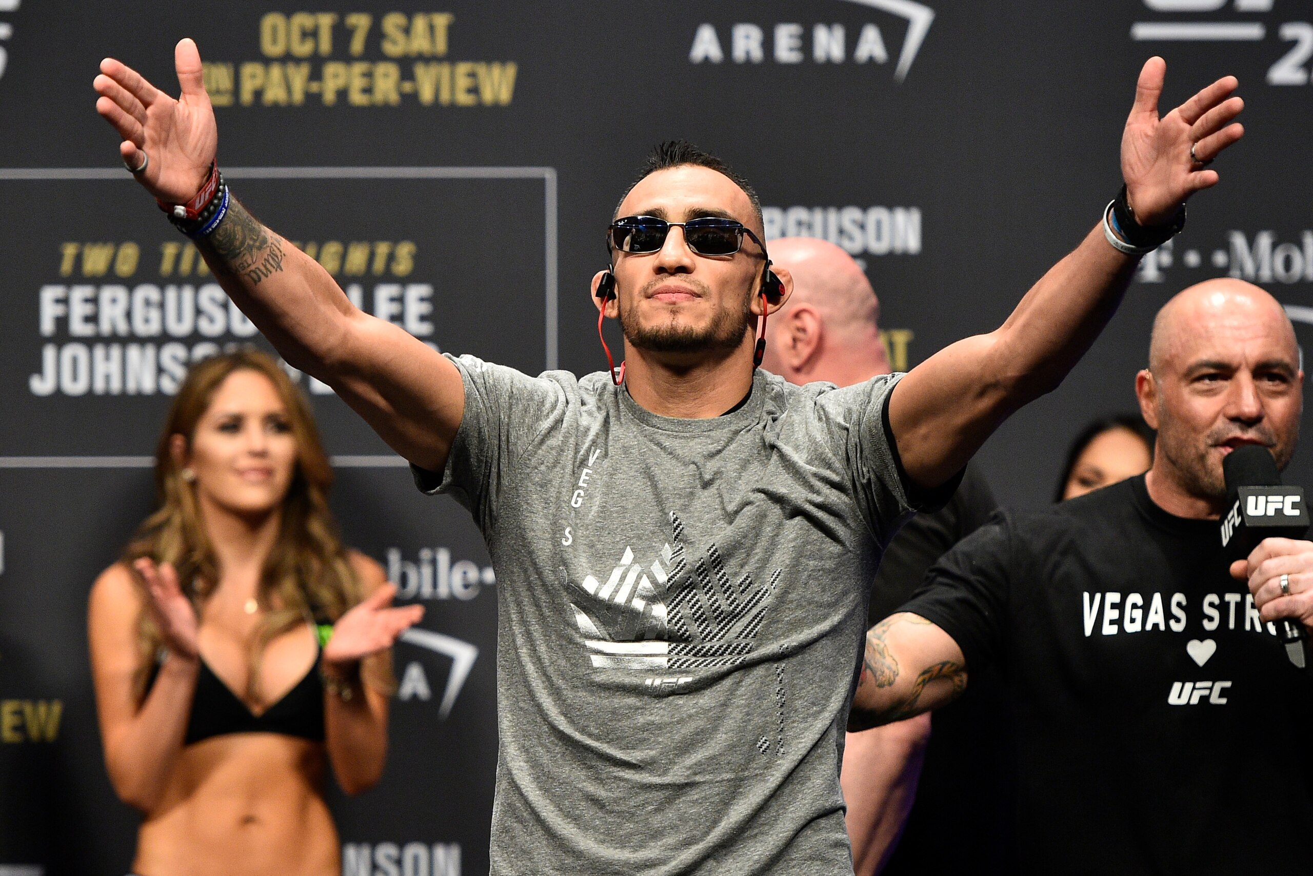 LAS VEGAS, NV - OCTOBER 06:  Tony Ferguson waves to the fans during the UFC 216 weigh-in inside T-Mobile Arena on October 6, 2017 in Las Vegas, Nevada. (Photo by Jeff Bottari/Zuffa LLC/Zuffa LLC via Getty Images)