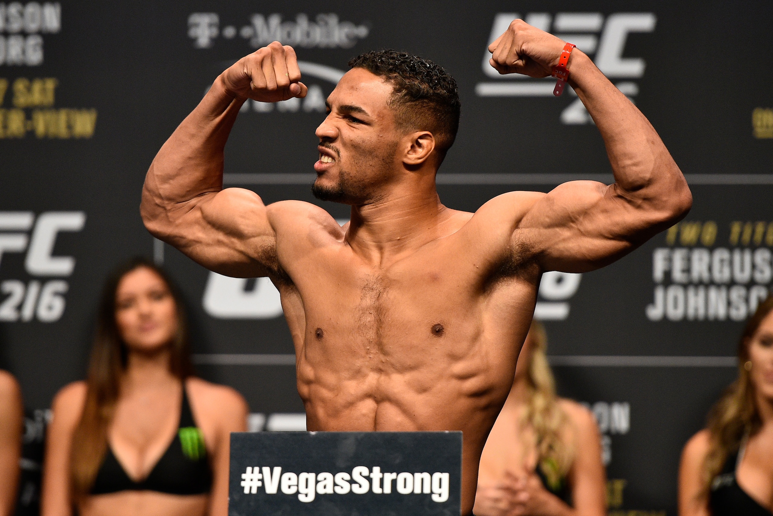 LAS VEGAS, NV - OCTOBER 06:  Kevin Lee poses on the scale during the UFC 216 weigh-in inside T-Mobile Arena on October 6, 2017 in Las Vegas, Nevada. (Photo by Jeff Bottari/Zuffa LLC/Zuffa LLC via Getty Images)