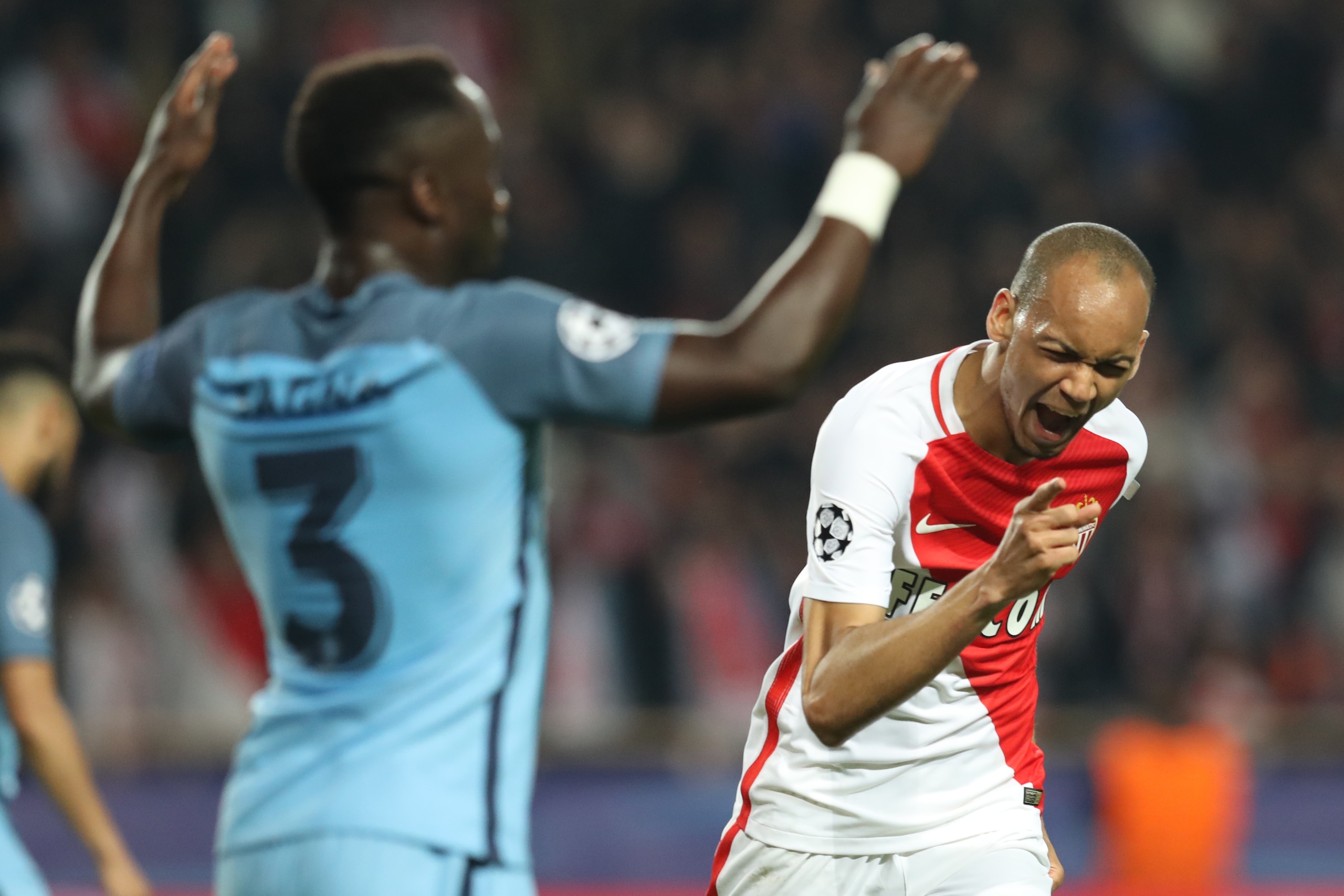 TOPSHOT - Monaco's Brazilian defender Fabinho celebrates after scoring a goal during the UEFA Champions League round of 16 football match between Monaco and Manchester City at the Stade Louis II in Monaco on March 15, 2017. / AFP PHOTO / Valery HACHE TOPSHOT - Monaco's Brazilian defender Fabinho celebrates after scoring a goal during the UEFA Champions League round of 16 football match between Monaco and Manchester City at the Stade Louis II in Monaco on March 15, 2017. / AFP PHOTO / Valery HACHE