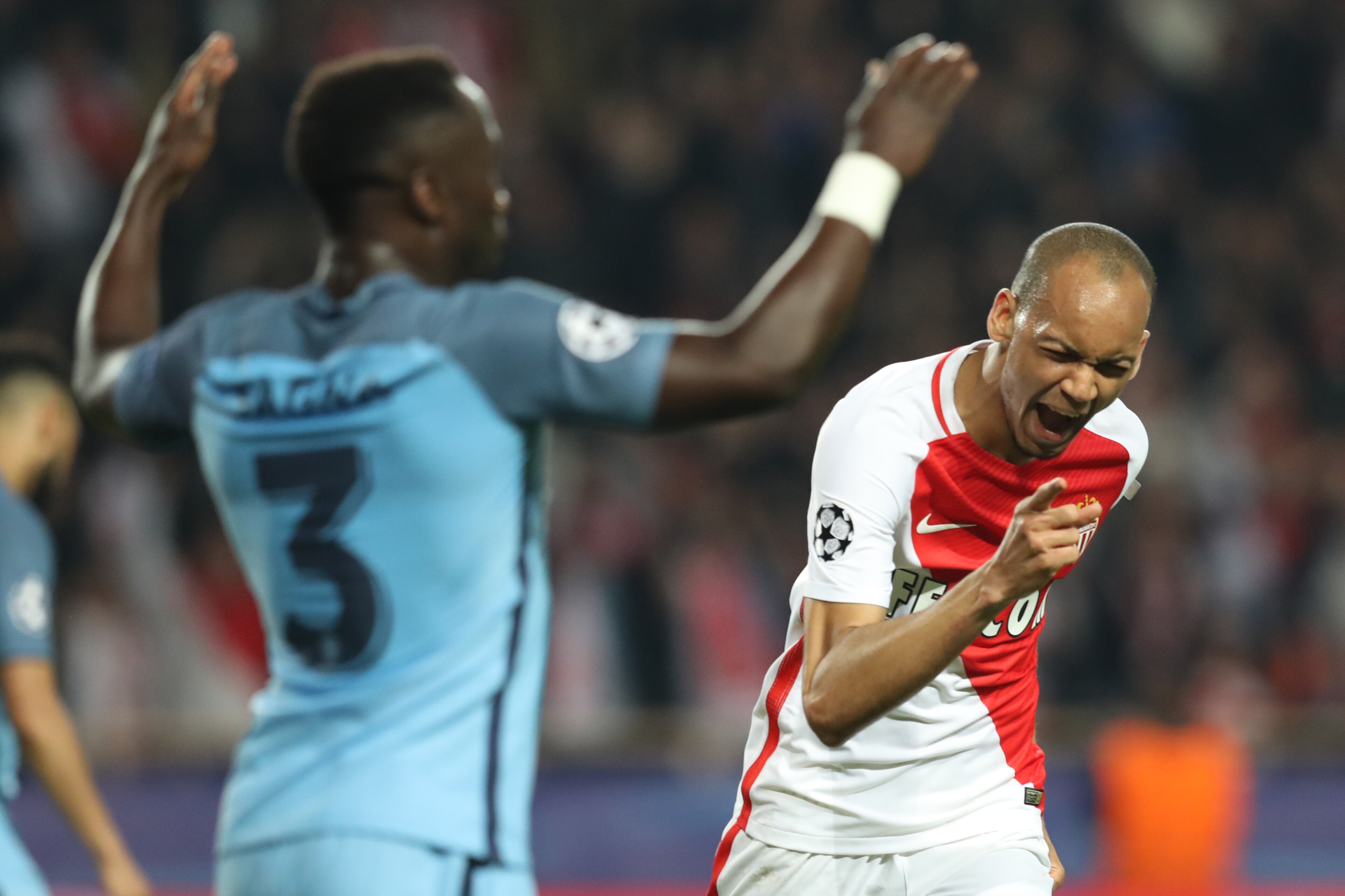 TOPSHOT - Monaco's Brazilian defender Fabinho celebrates after scoring a goal during the UEFA Champions League round of 16 football match between Monaco and Manchester City at the Stade Louis II in Monaco on March 15, 2017. / AFP PHOTO / Valery HACHE     