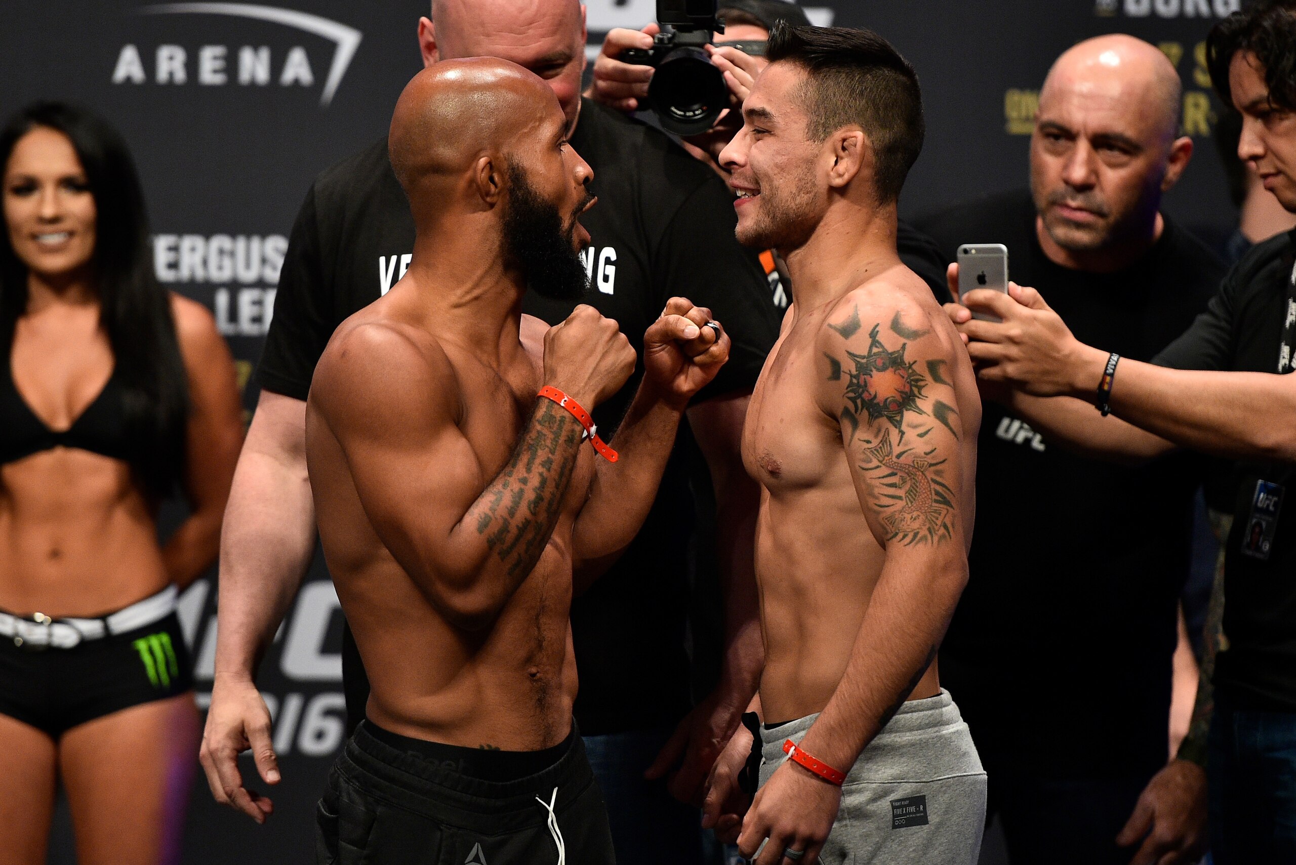 LAS VEGAS, NV - OCTOBER 06:  (L-R) UFC flyweight champion Demetrious Johnson and Ray Borg face off during the UFC 216 weigh-in inside T-Mobile Arena on October 6, 2017 in Las Vegas, Nevada. (Photo by Jeff Bottari/Zuffa LLC/Zuffa LLC via Getty Images)
