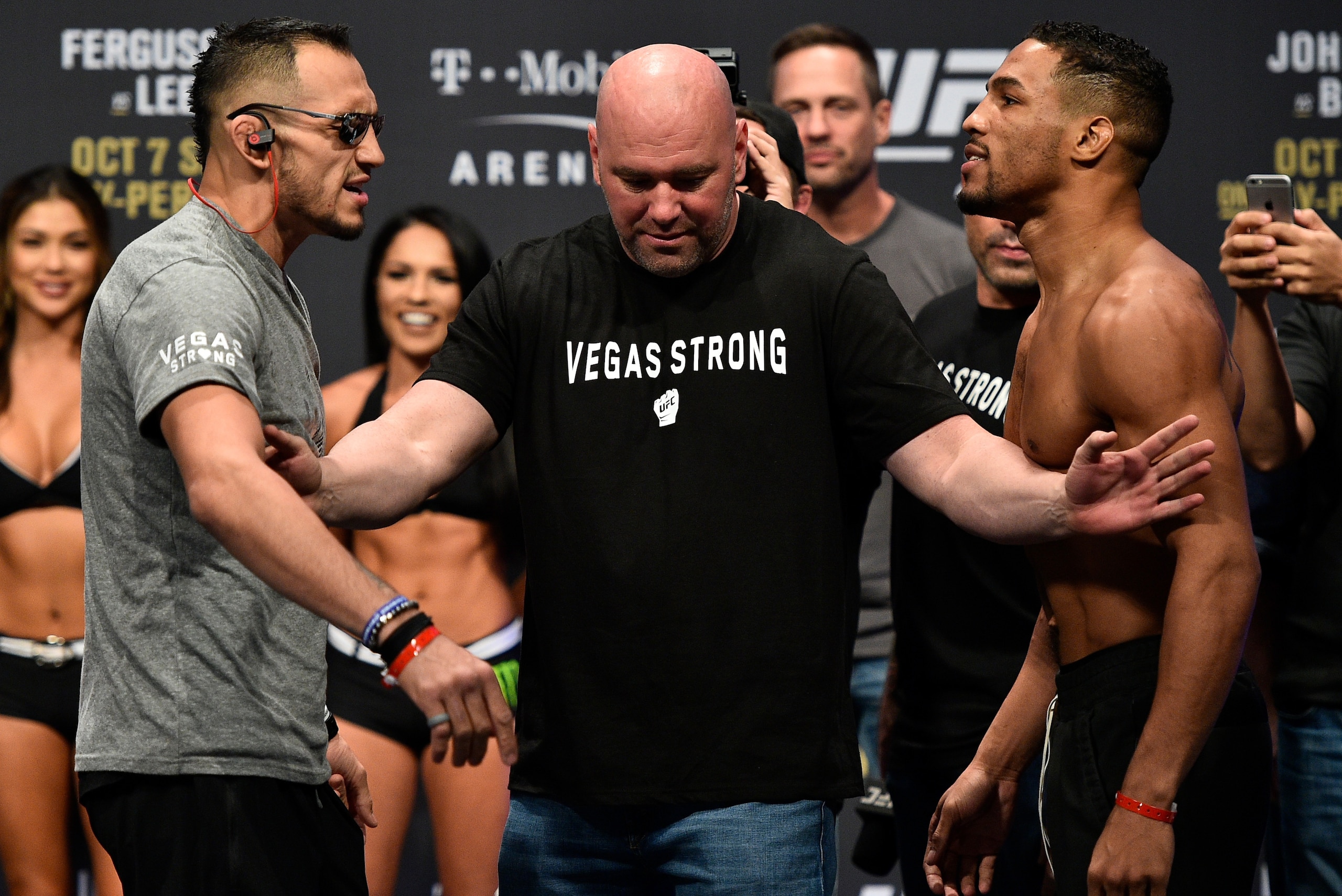 LAS VEGAS, NV - OCTOBER 06:  (L-R) Tony Ferguson and Kevin Lee face off during the UFC 216 weigh-in inside T-Mobile Arena on October 6, 2017 in Las Vegas, Nevada. (Photo by Jeff Bottari/Zuffa LLC/Zuffa LLC via Getty Images)